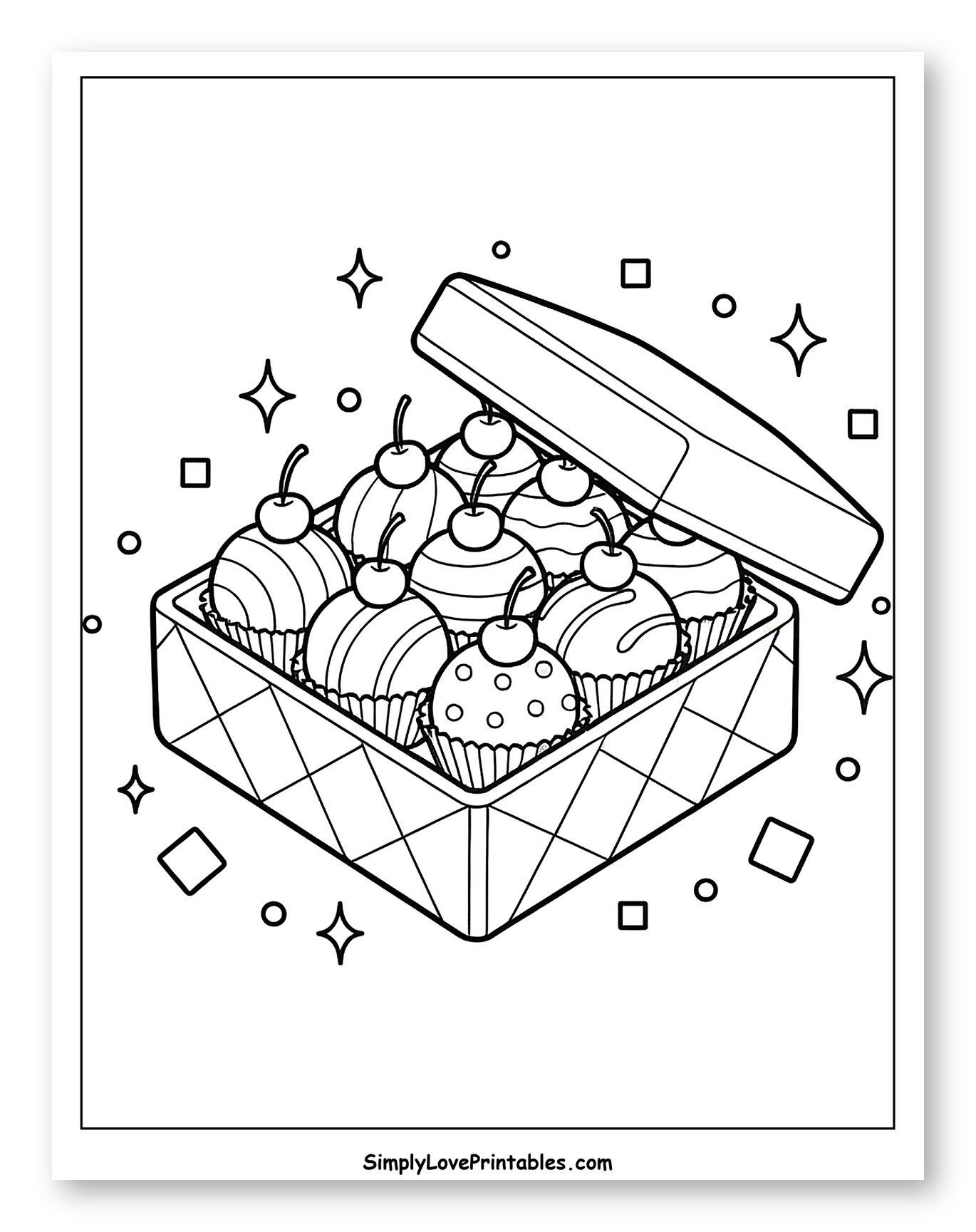 Open Box of Delicious Cherry Cupcakes to Color for Adults