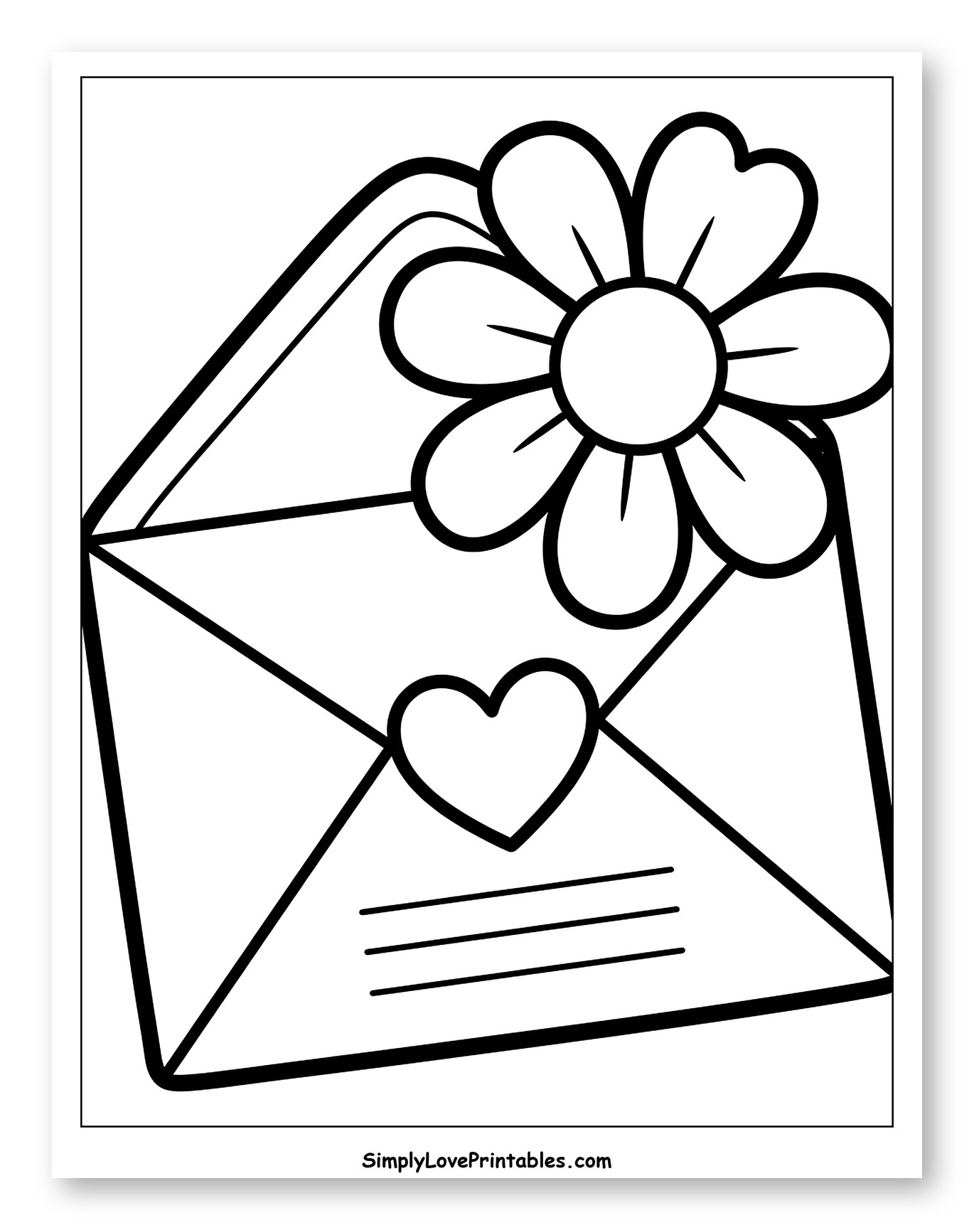 Open Envelope with Flower and Heart Letter Coloring Page for Toddlers