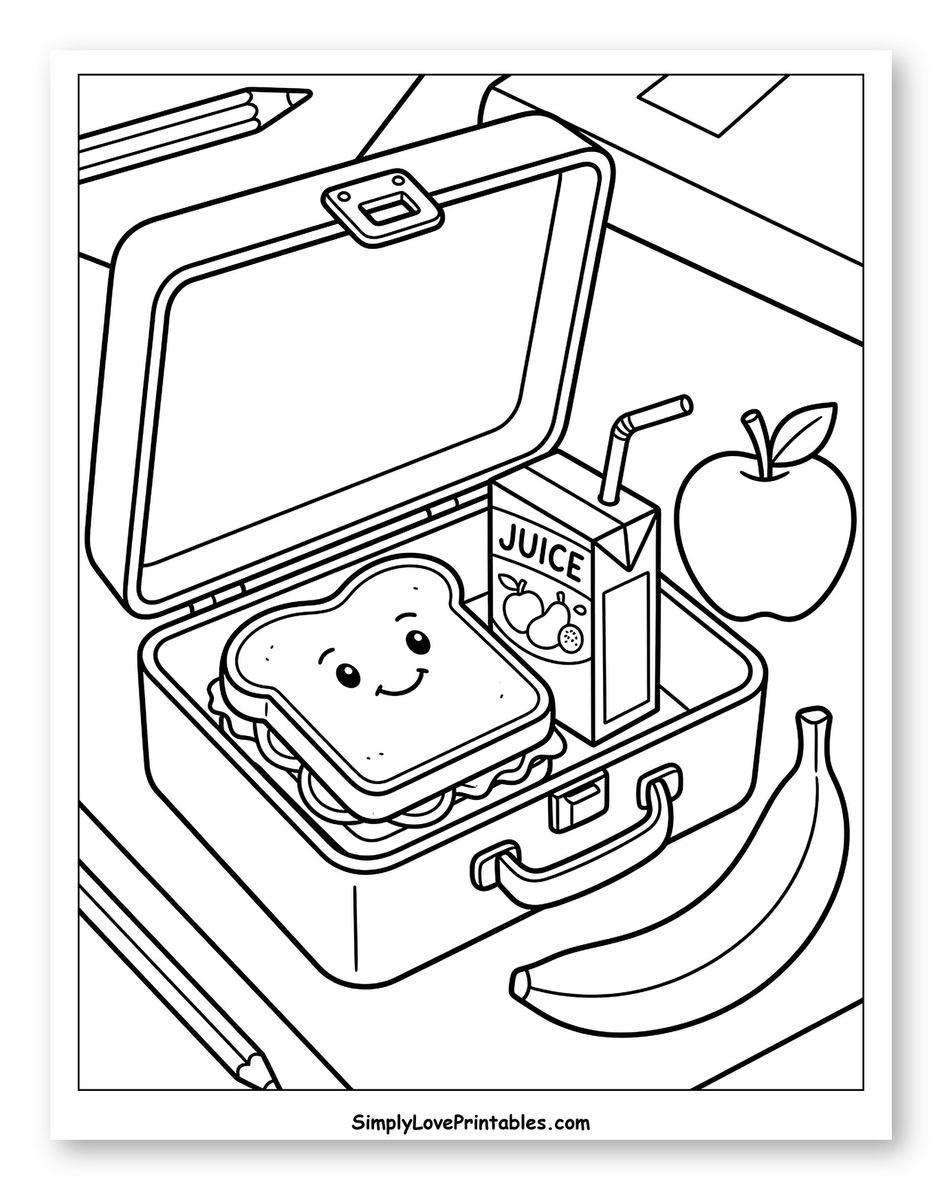 Open Lunchbox with Happy Sandwich, Juice, and Fruits