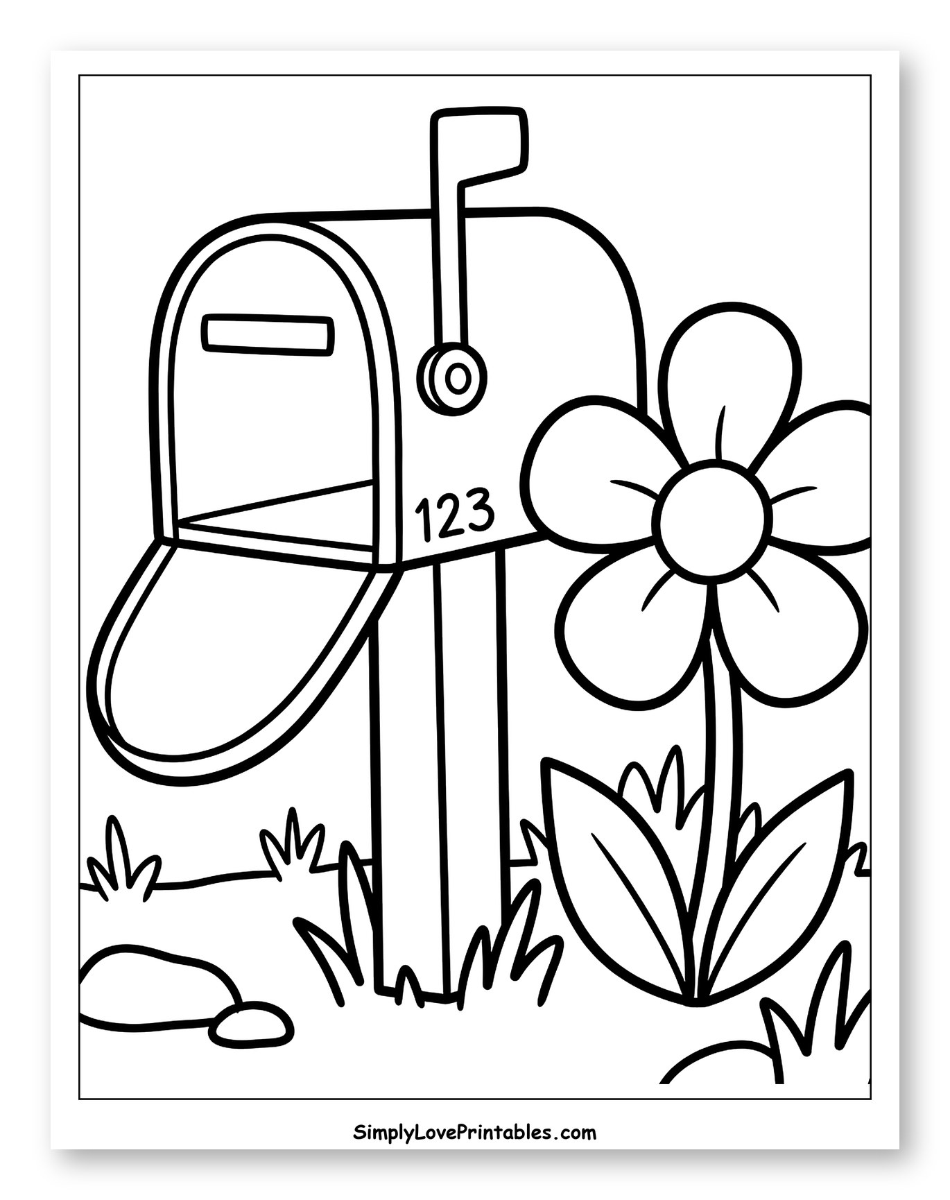 Open Mailbox with Flower and Grass to Color for Toddlers