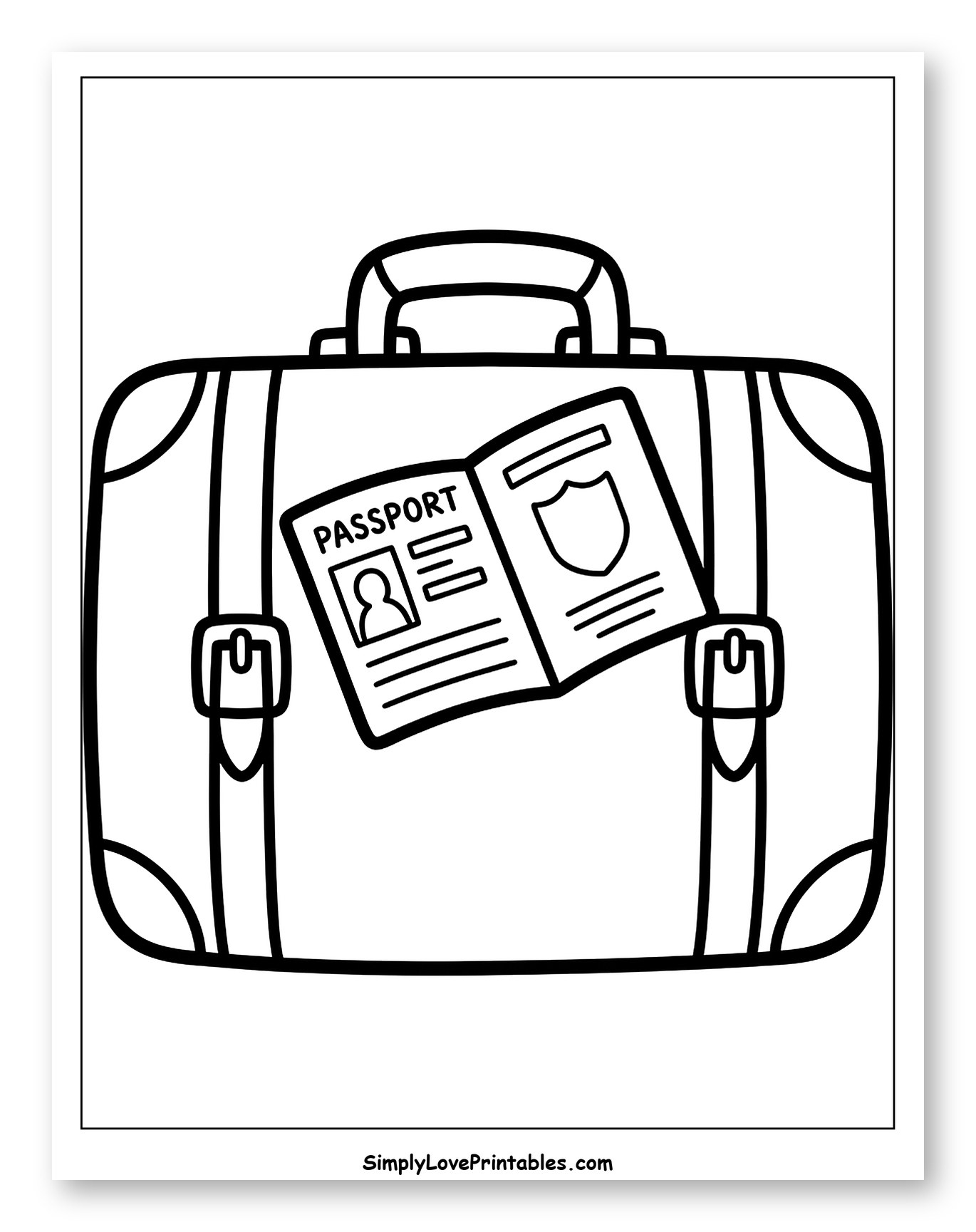 Open Passport on a Travel Suitcase Coloring Page for Toddlers