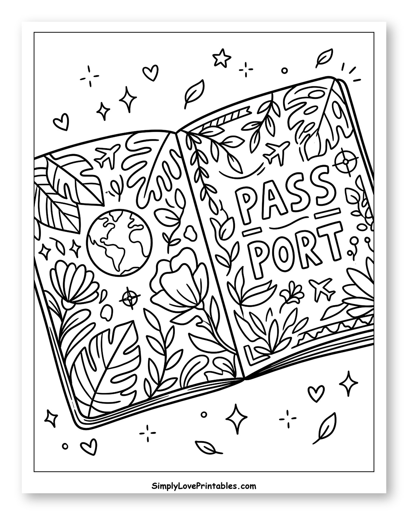 Open Passport with Floral and Travel Elements to Color for Adults