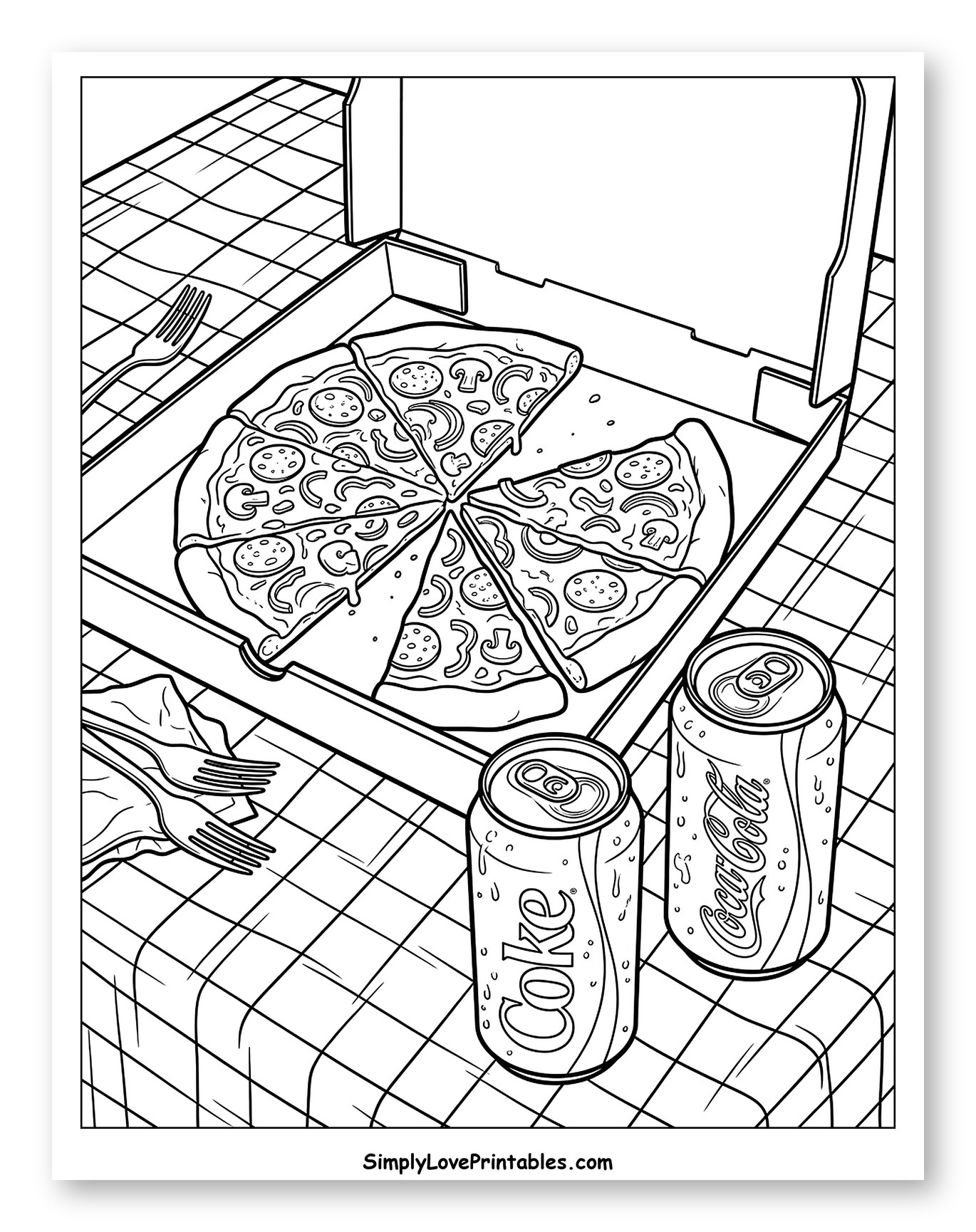 Open Pizza Box with Slices and Cold Coke Coloring Sheet