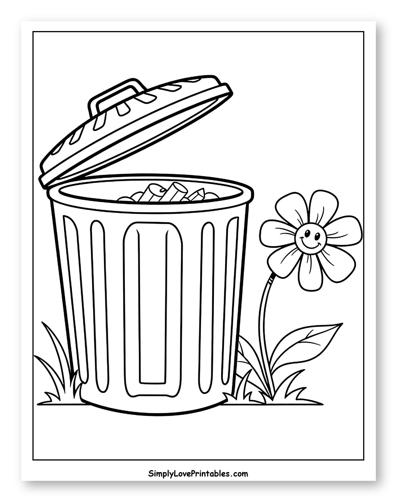 Open Trash Can and Cheerful Flower Coloring Page for Toddlers