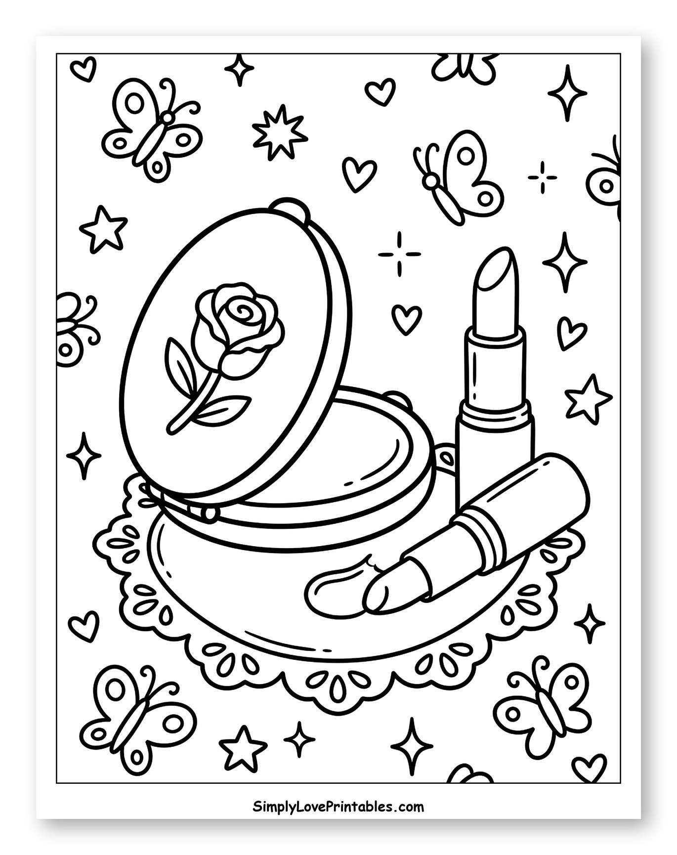 Opened Compact Mirror, Powder, and Lipsticks Coloring Page for Adults
