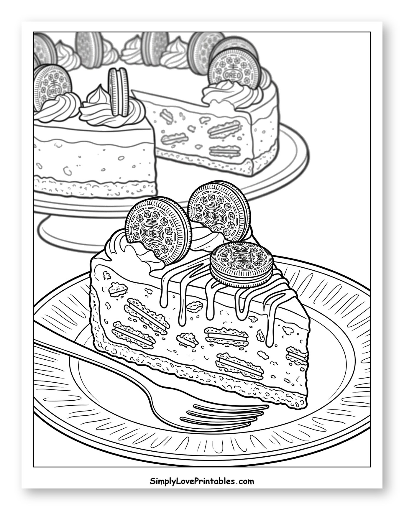 Oreo Cheesecake Slice and Whole Cake Coloring Page