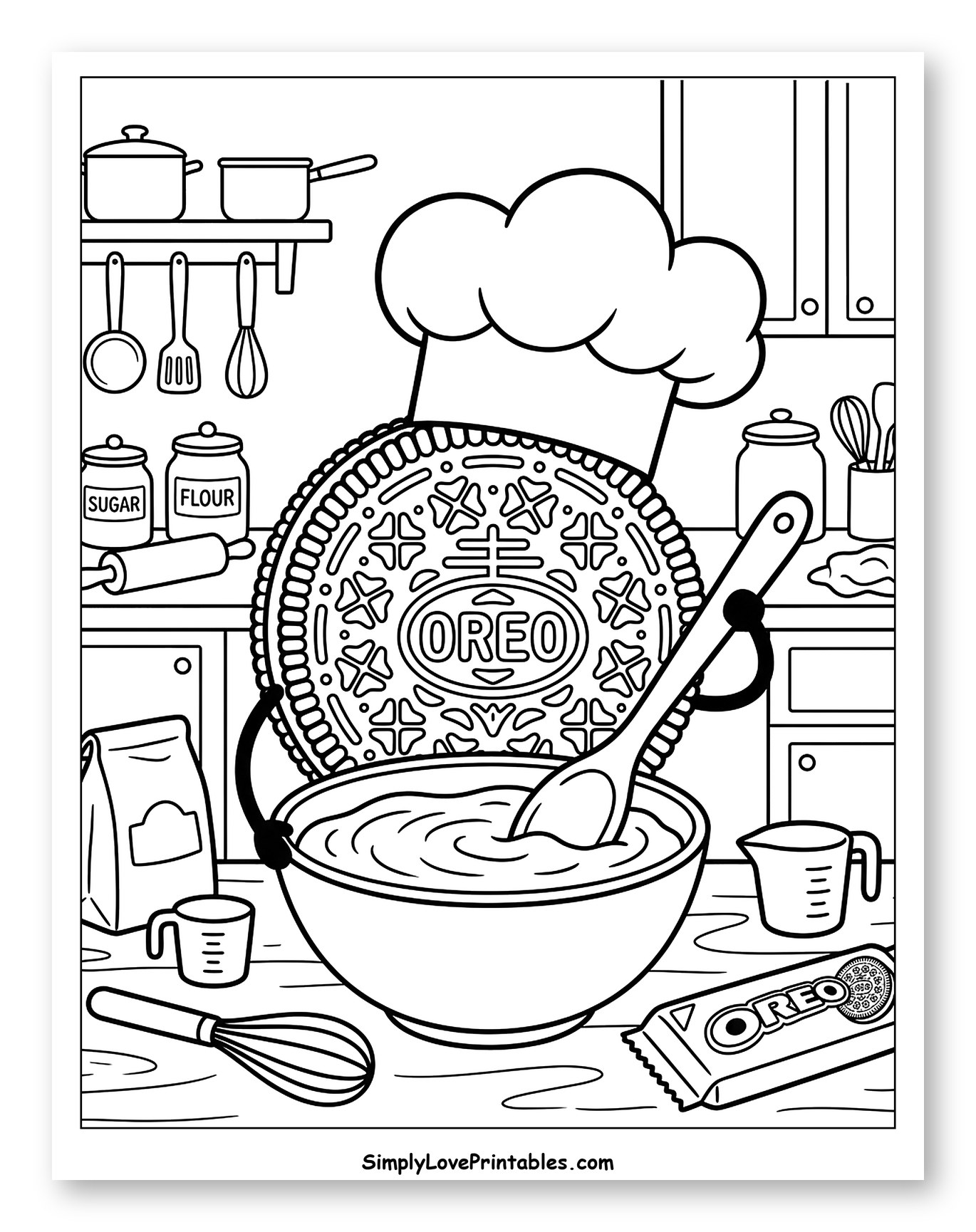 Oreo Cookie Chef Baking in Kitchen Coloring Sheet for Kids
