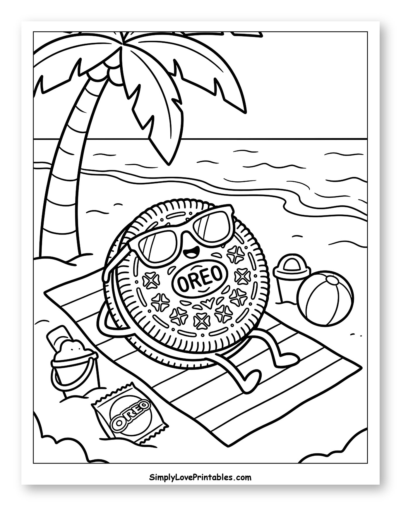 Oreo Cookie Relaxing on Beach Towel Coloring Sheet for Kids