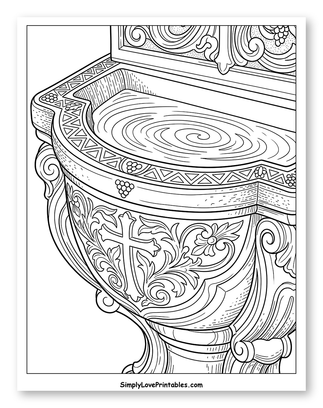 Ornate Baptismal Font with Swirling Water and Cross Coloring Sheet