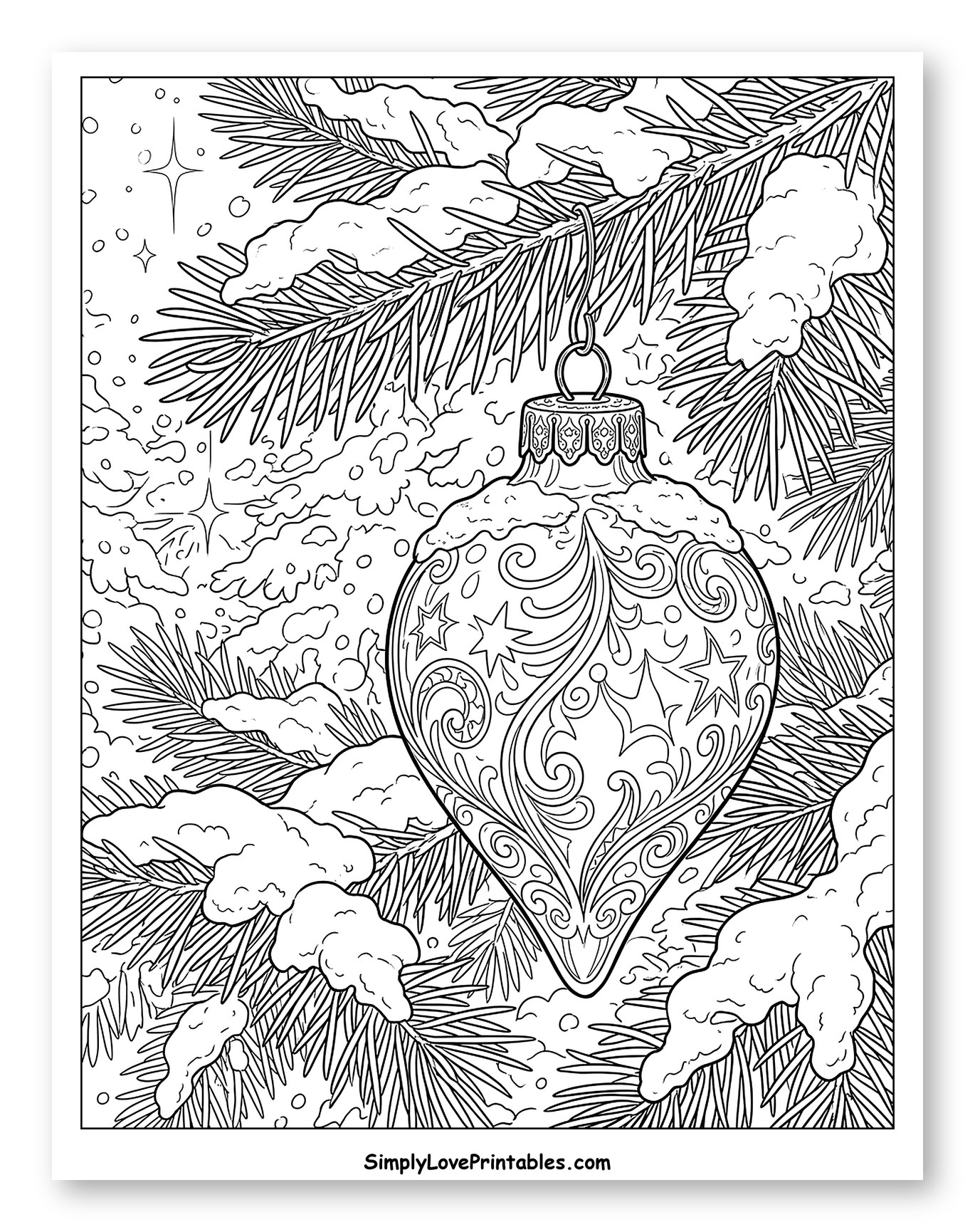 Ornate Christmas Ornament on Snowy Pine Branch