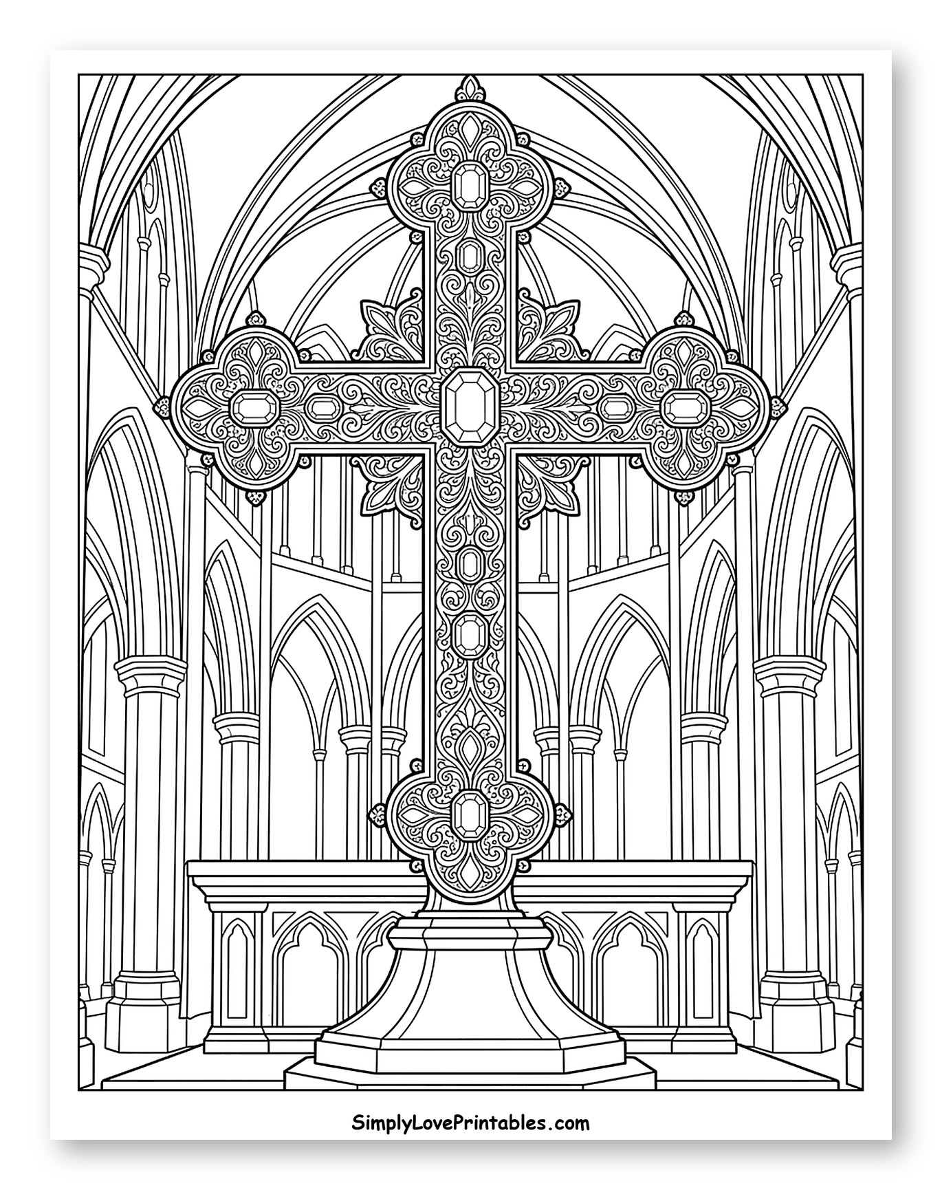 Ornate Cross in a Grand Cathedral Coloring Page