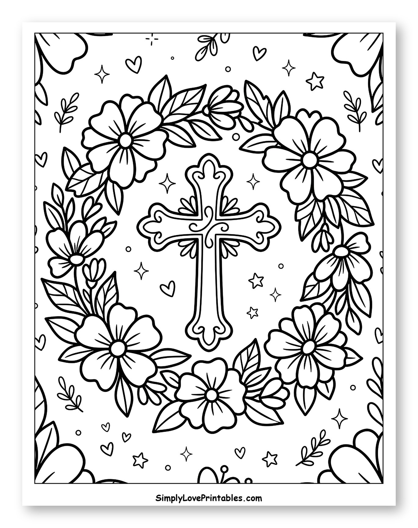 Ornate Cross within a Flower Wreath Coloring Sheet for Adults