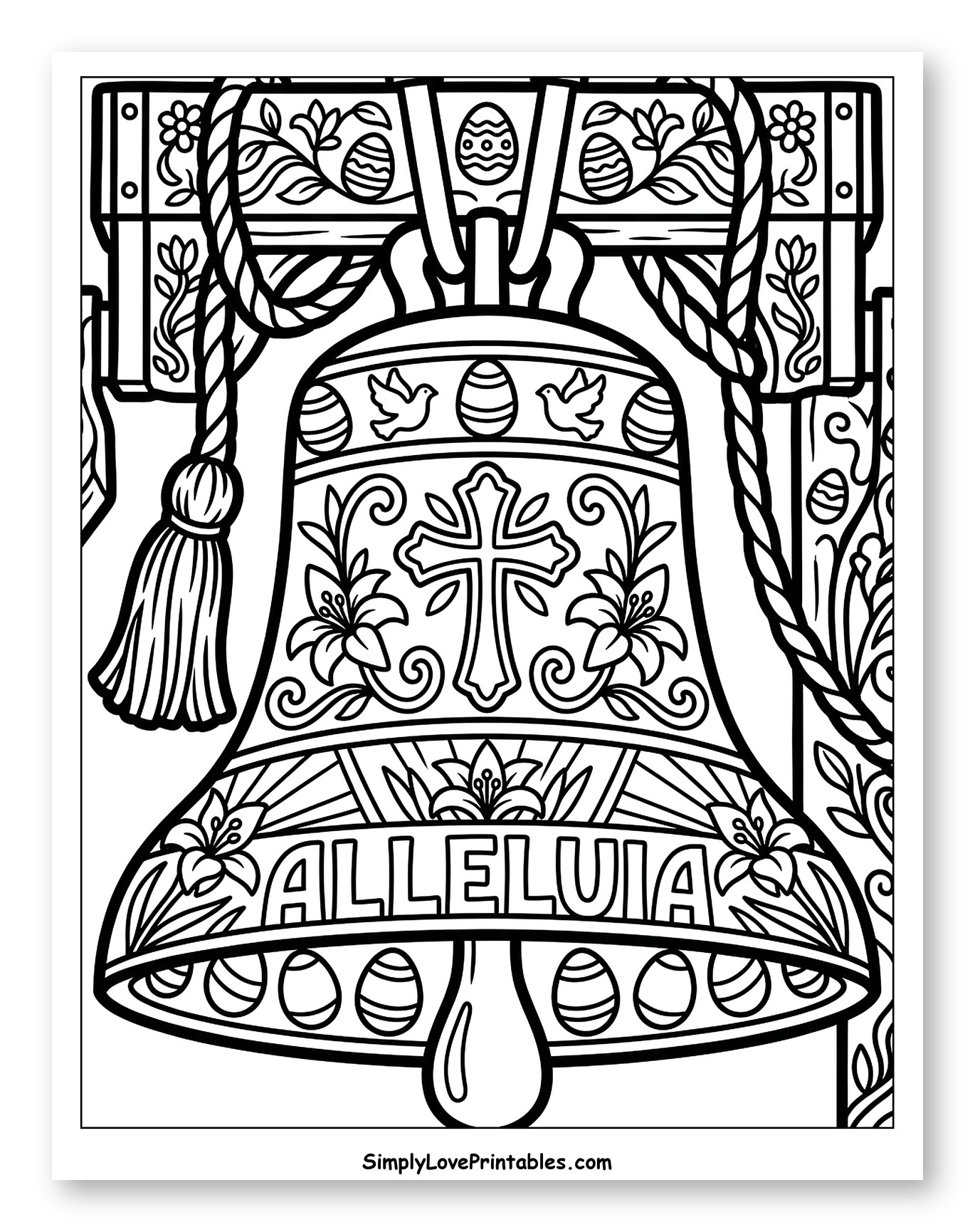 Ornate Easter Bell with Cross and Lilies Coloring Sheet for Toddlers