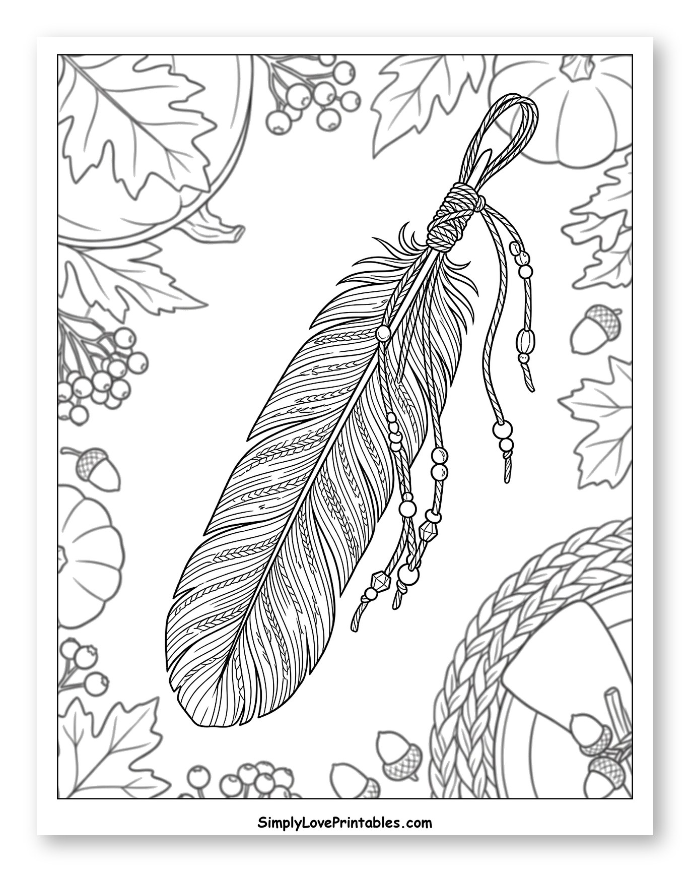 Ornate Feather with Berries, Pumpkins, and Leaves to Color