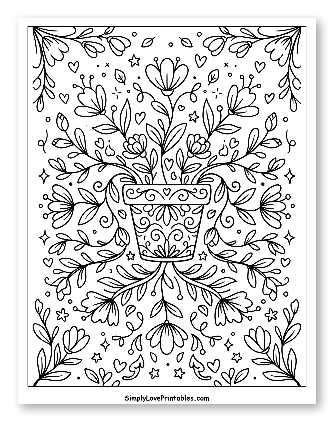 Ornate Flower Pot with Whimsical Floral Design to Color for Adults