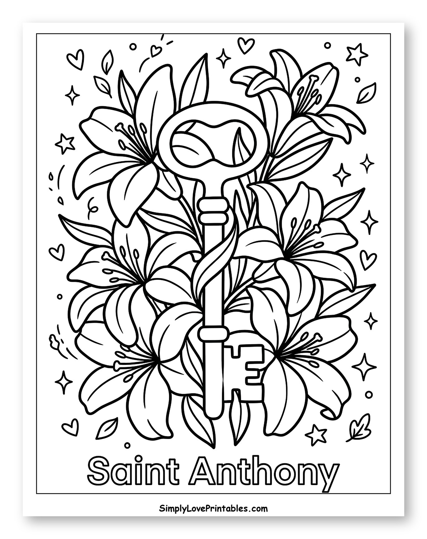 Ornate Key with Lilies, Hearts, and Stars