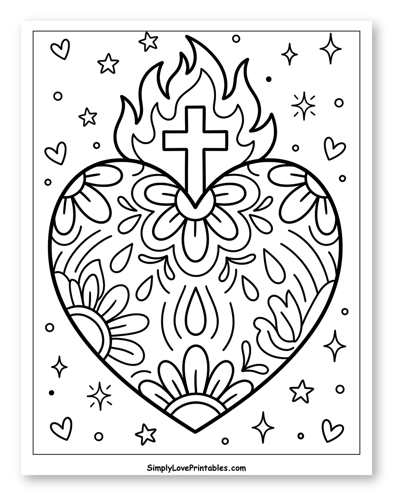 Ornate Sacred Heart with Cross and Flames to Color for Adults