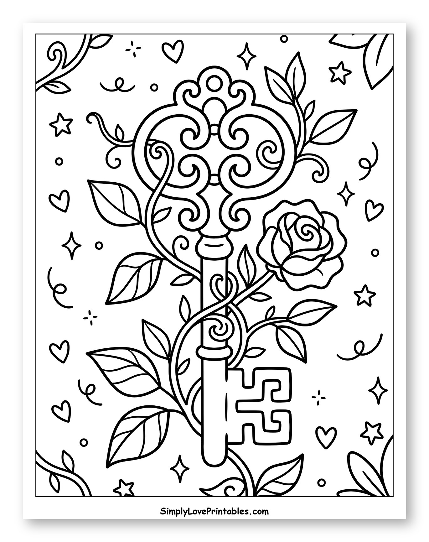 Ornate Skeleton Key with Rose and Vines Coloring Page for Adults