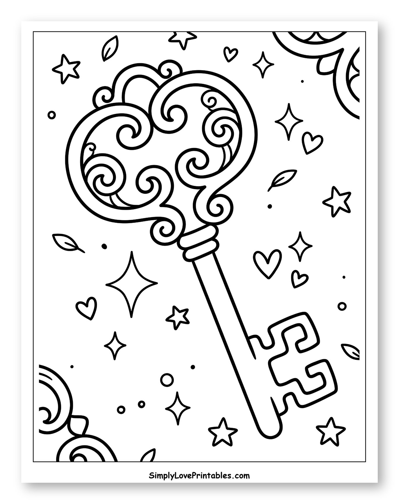 Ornate Skeleton Key with Stars and Hearts Coloring Sheet for Adults