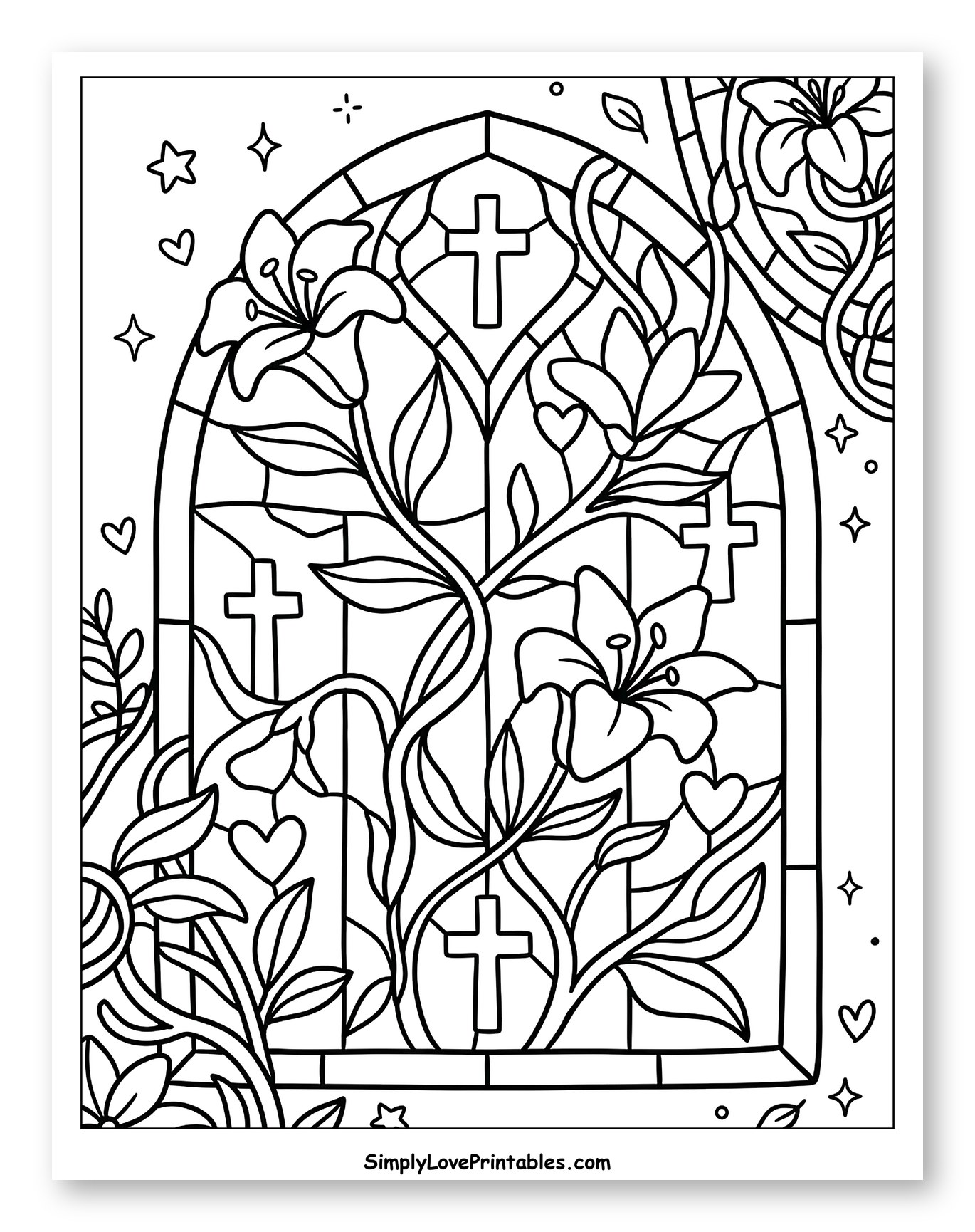 Ornate Stained Glass Window with Lilies, Crosses, and Hearts Coloring Page for Adults