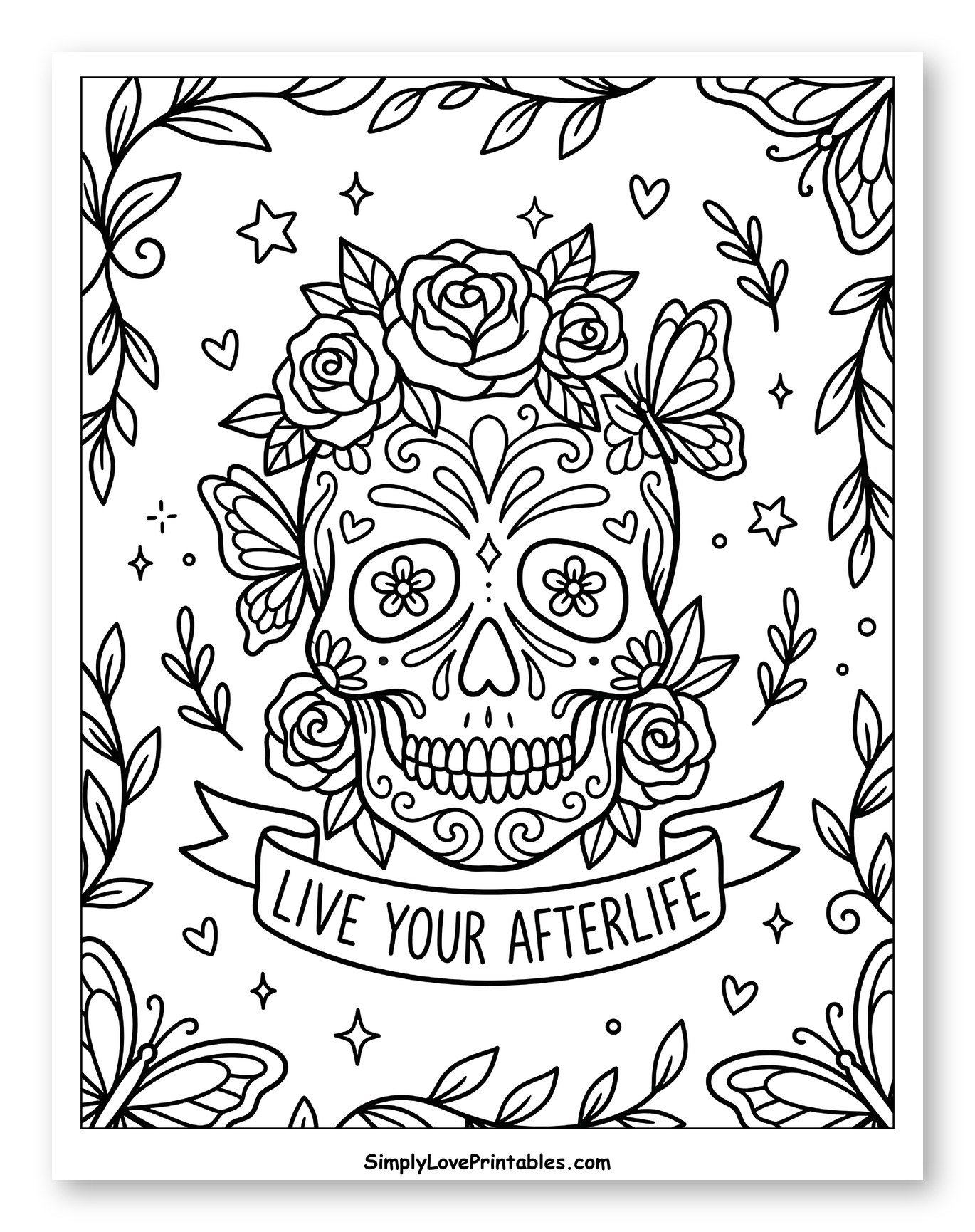 Ornate Sugar Skull with Roses and Butterflies to Color for Adults