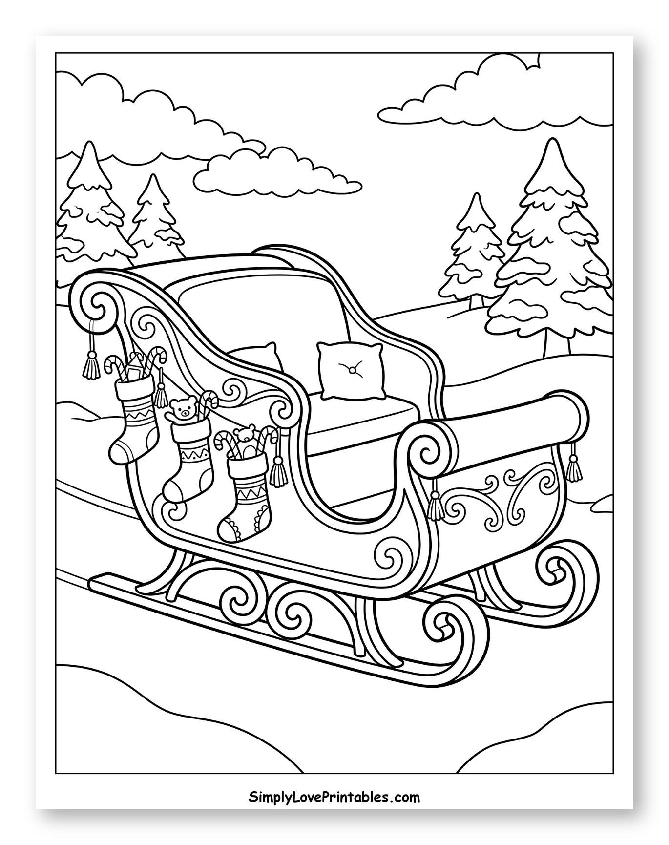 Ornate Winter Sleigh with Christmas Stockings to Color for Kids
