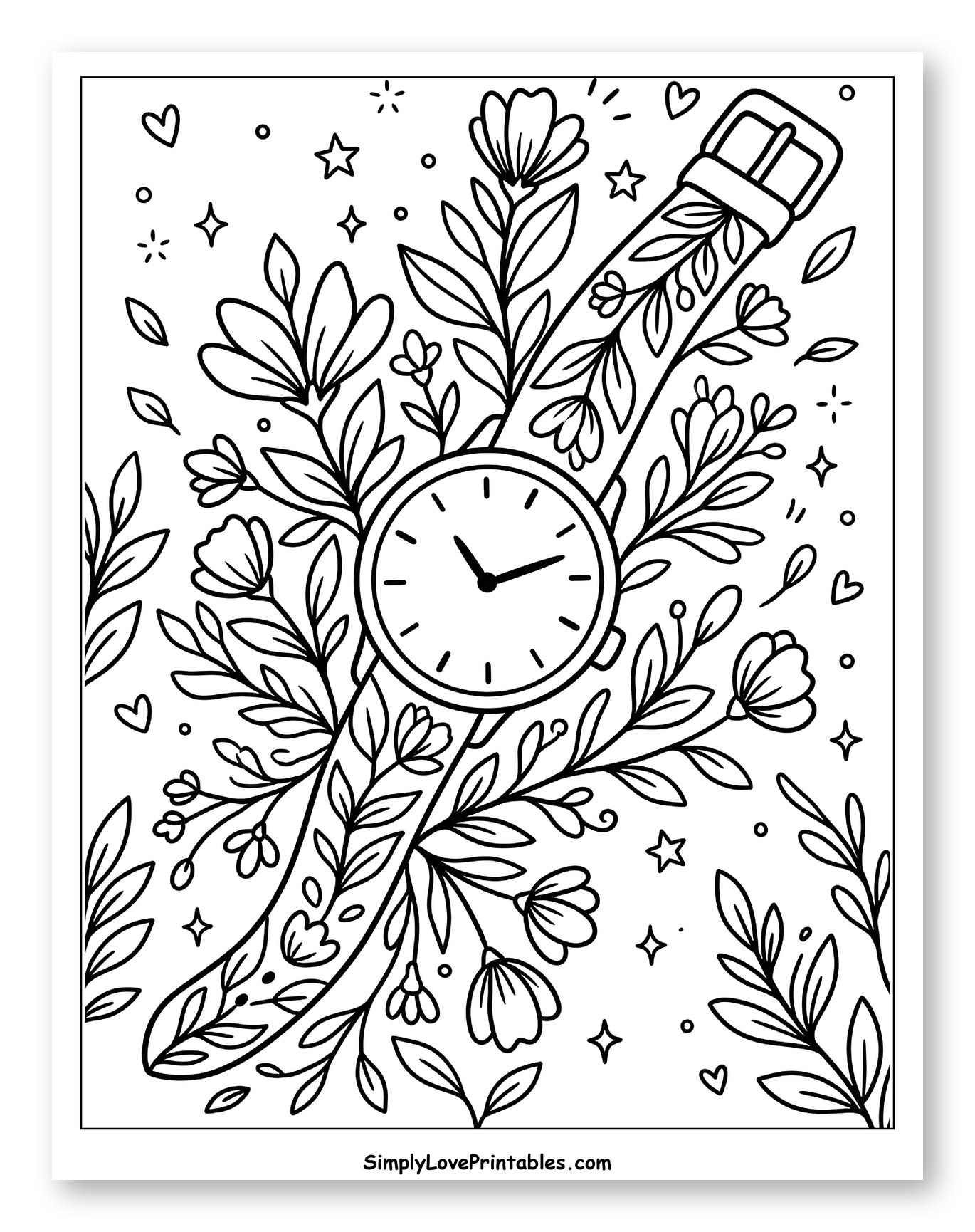 Ornate Wristwatch Surrounded by Botanical Elements to Color for Adults