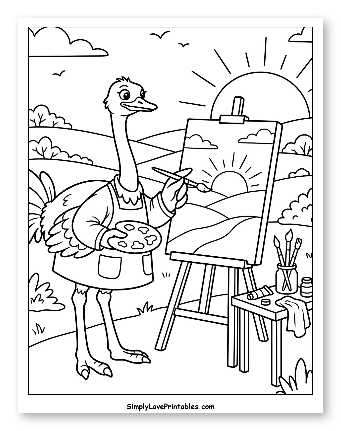 Ostrich Artist Painting a Sunset Landscape