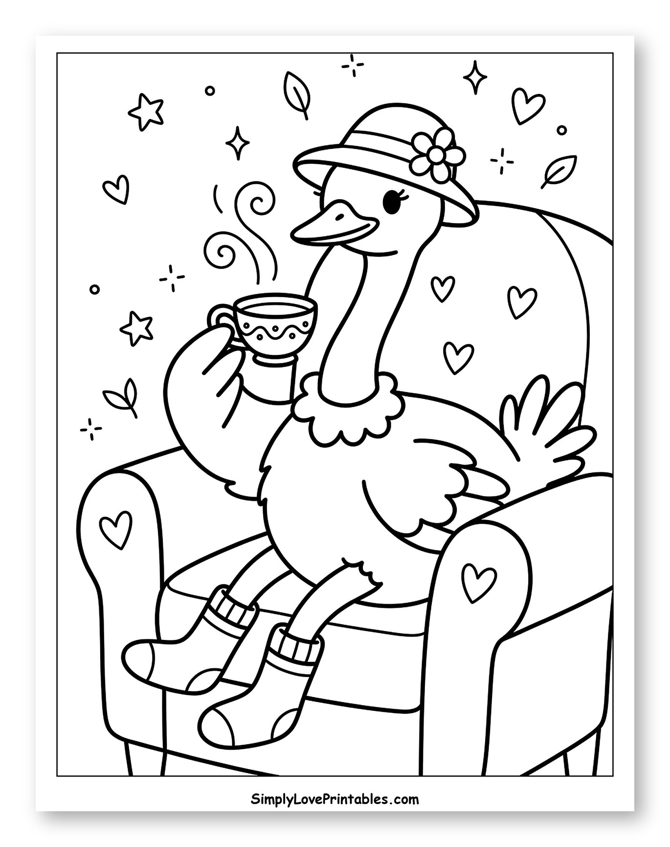 Ostrich Relaxing with Tea in a Chair to Color for Adults
