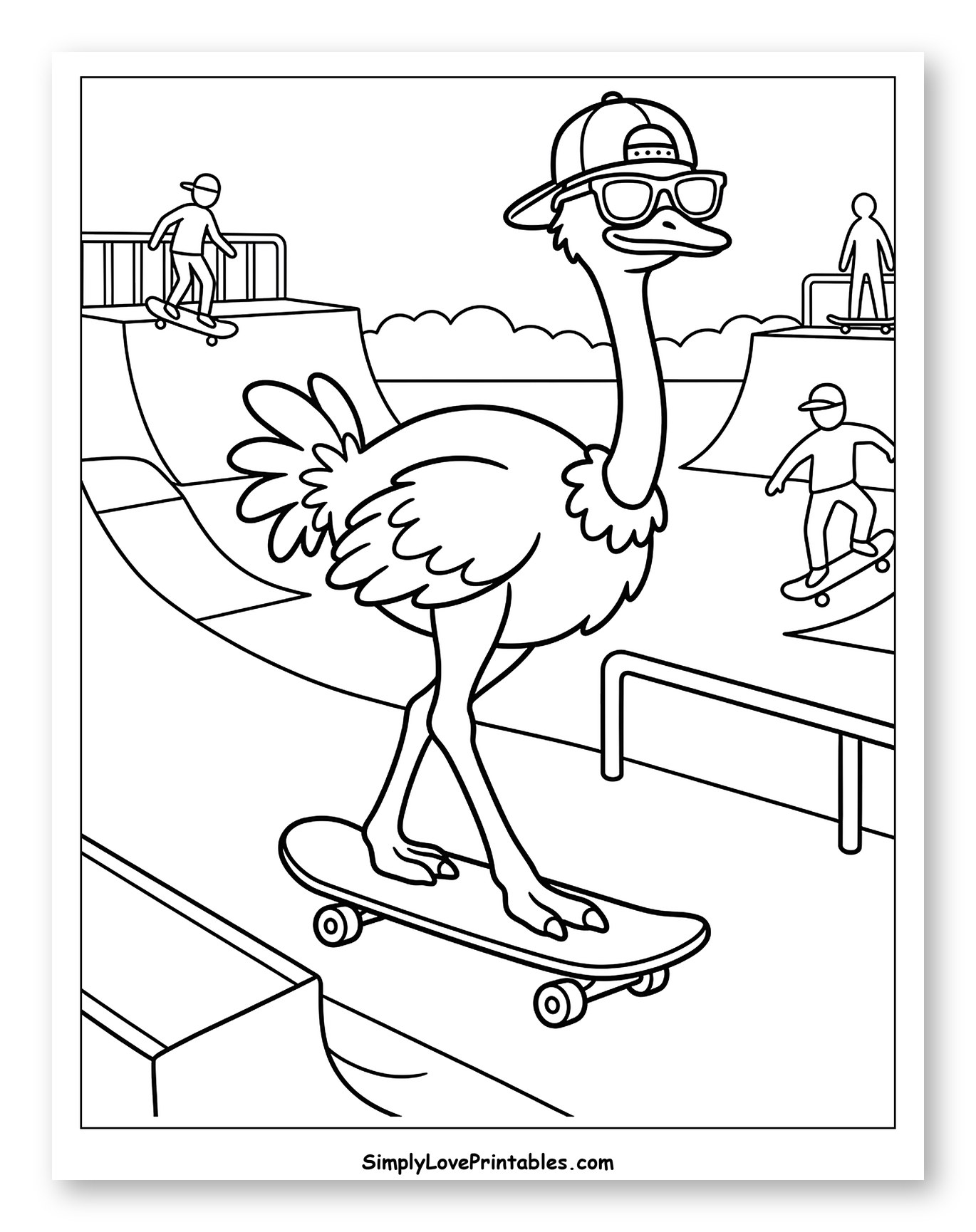 Ostrich Skateboarding at a Skatepark Coloring Sheet for Kids