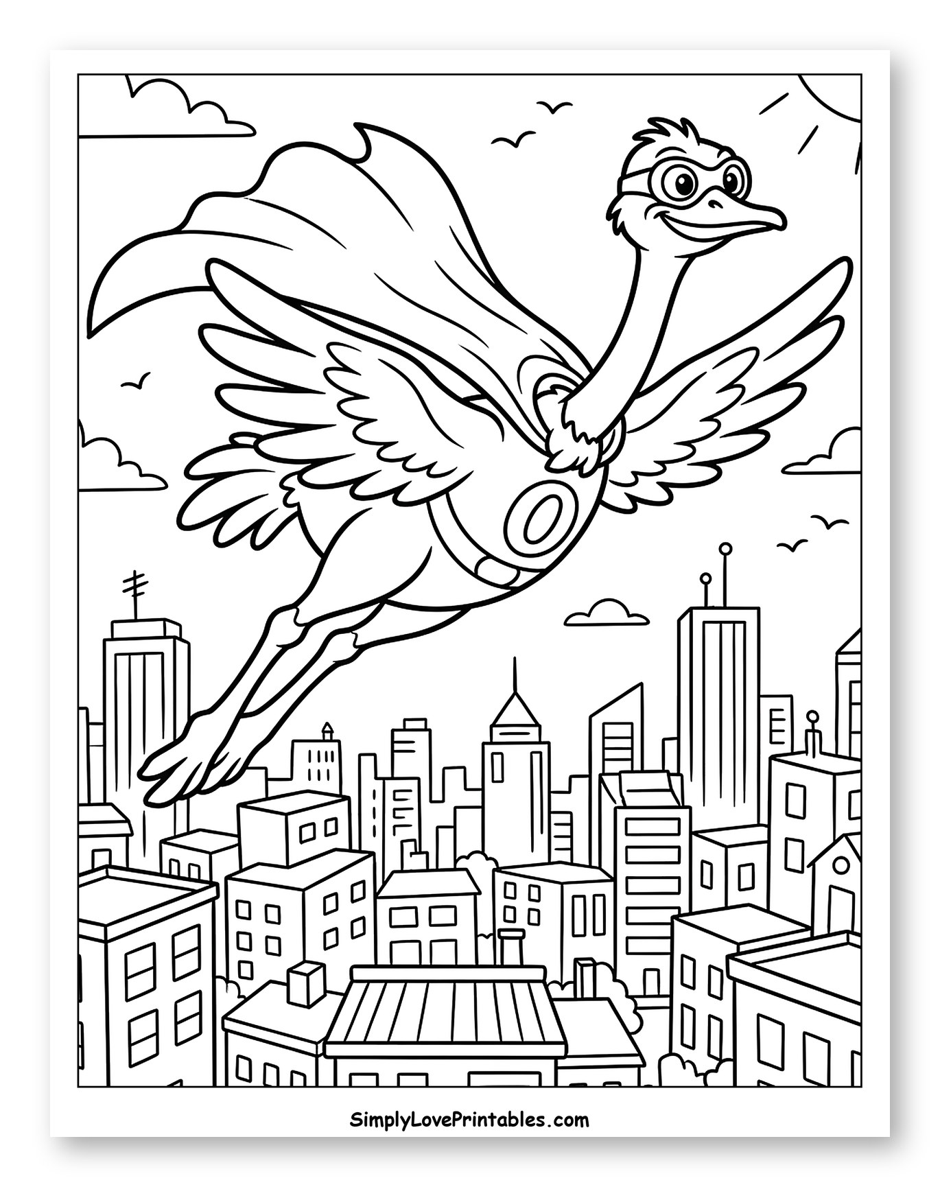 Ostrich Superhero Soaring Above City