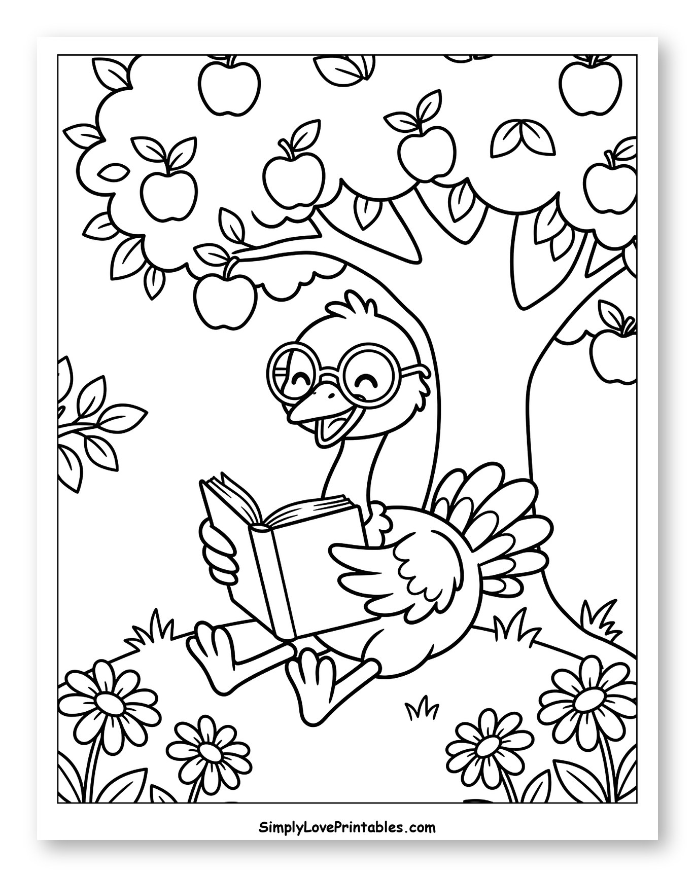 Ostrich Wearing Glasses Reading Under an Apple Tree Coloring Page for Kids