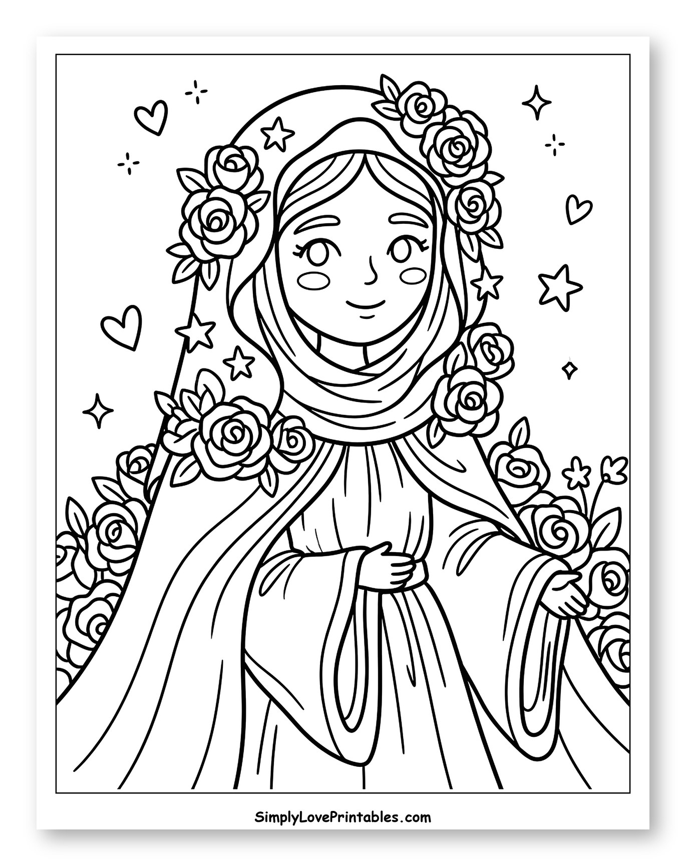 Our Lady of Fatima Adorned with Roses Coloring Page for Adults