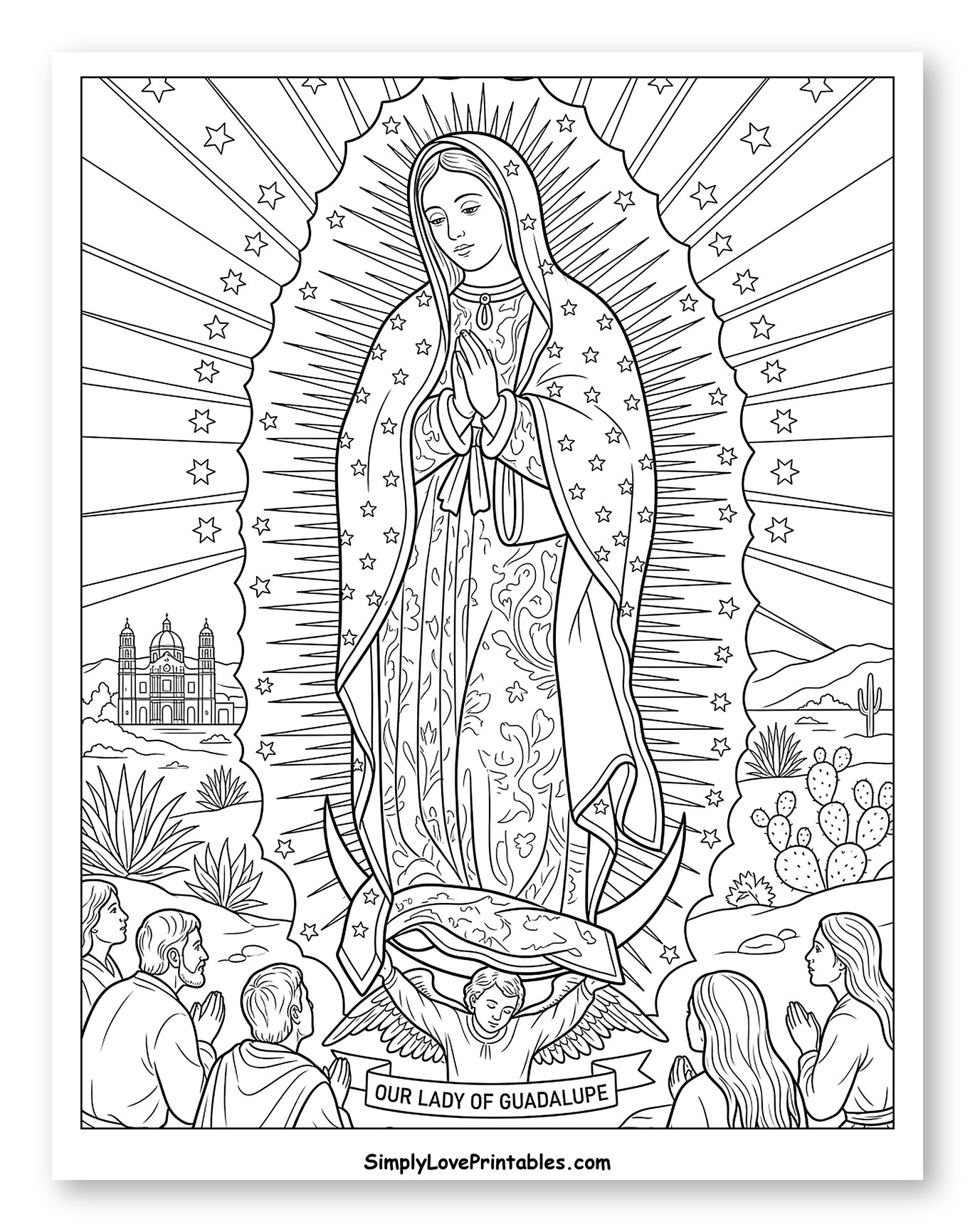 Our Lady of Guadalupe Appearing to Worshippers Coloring Sheet
