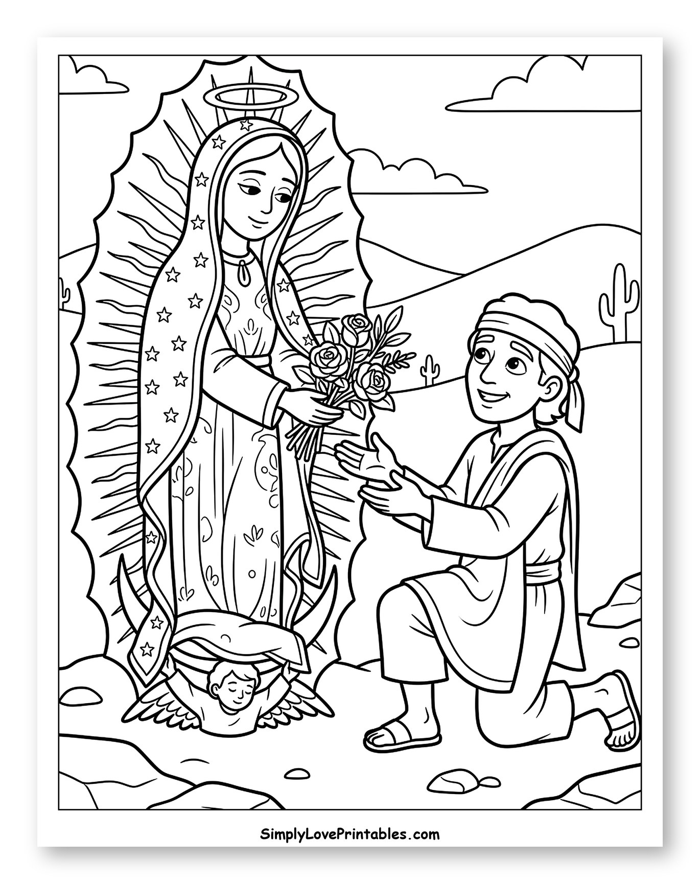 Our Lady of Guadalupe Giving Roses to Juan Diego Coloring Sheet for Kids