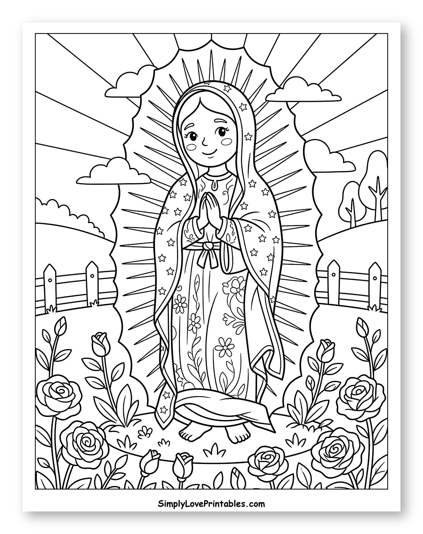 Our Lady of Guadalupe Surrounded by Roses to Color for Kids