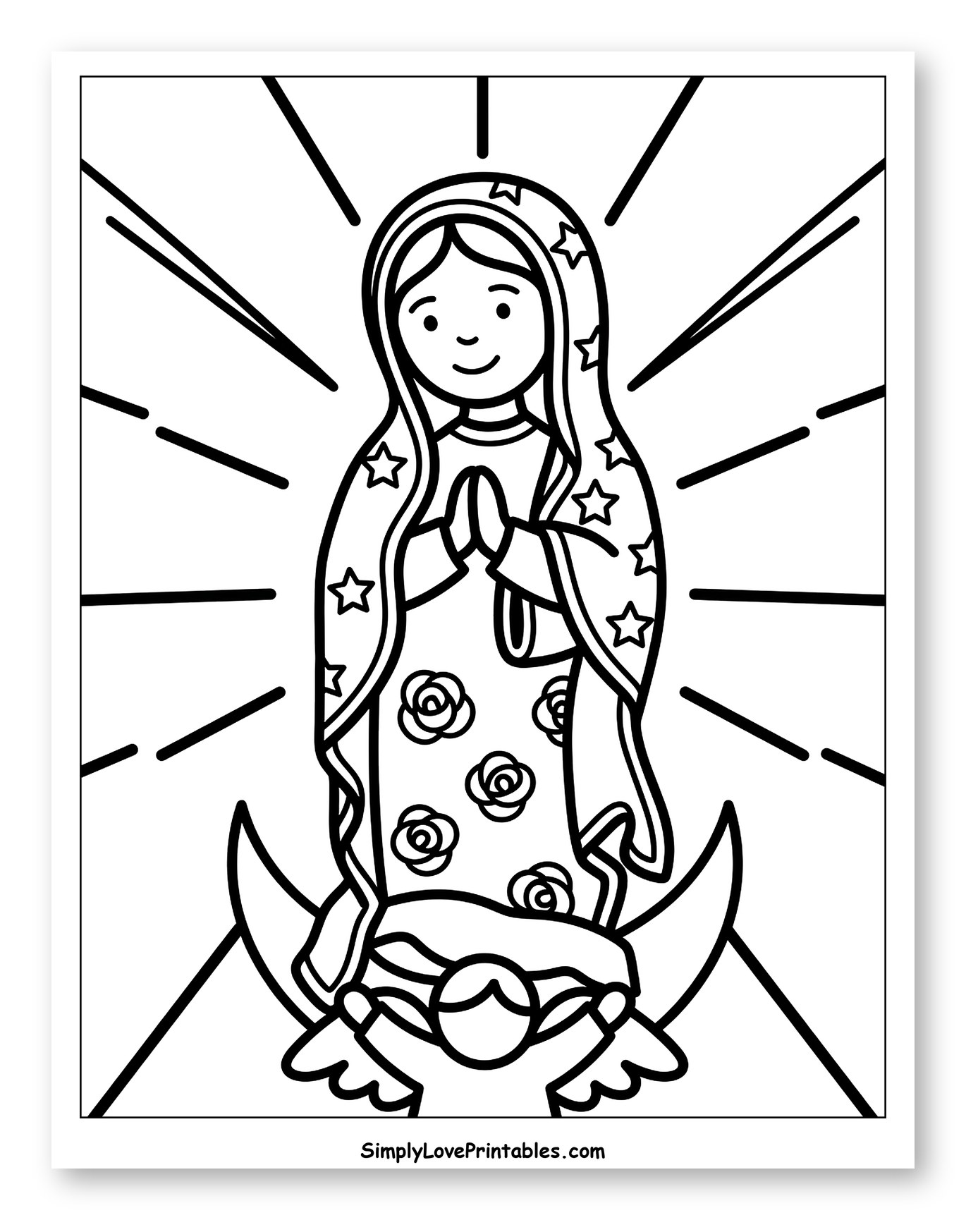 Our Lady of Guadalupe with Angel and Stars Coloring Sheet for Toddlers