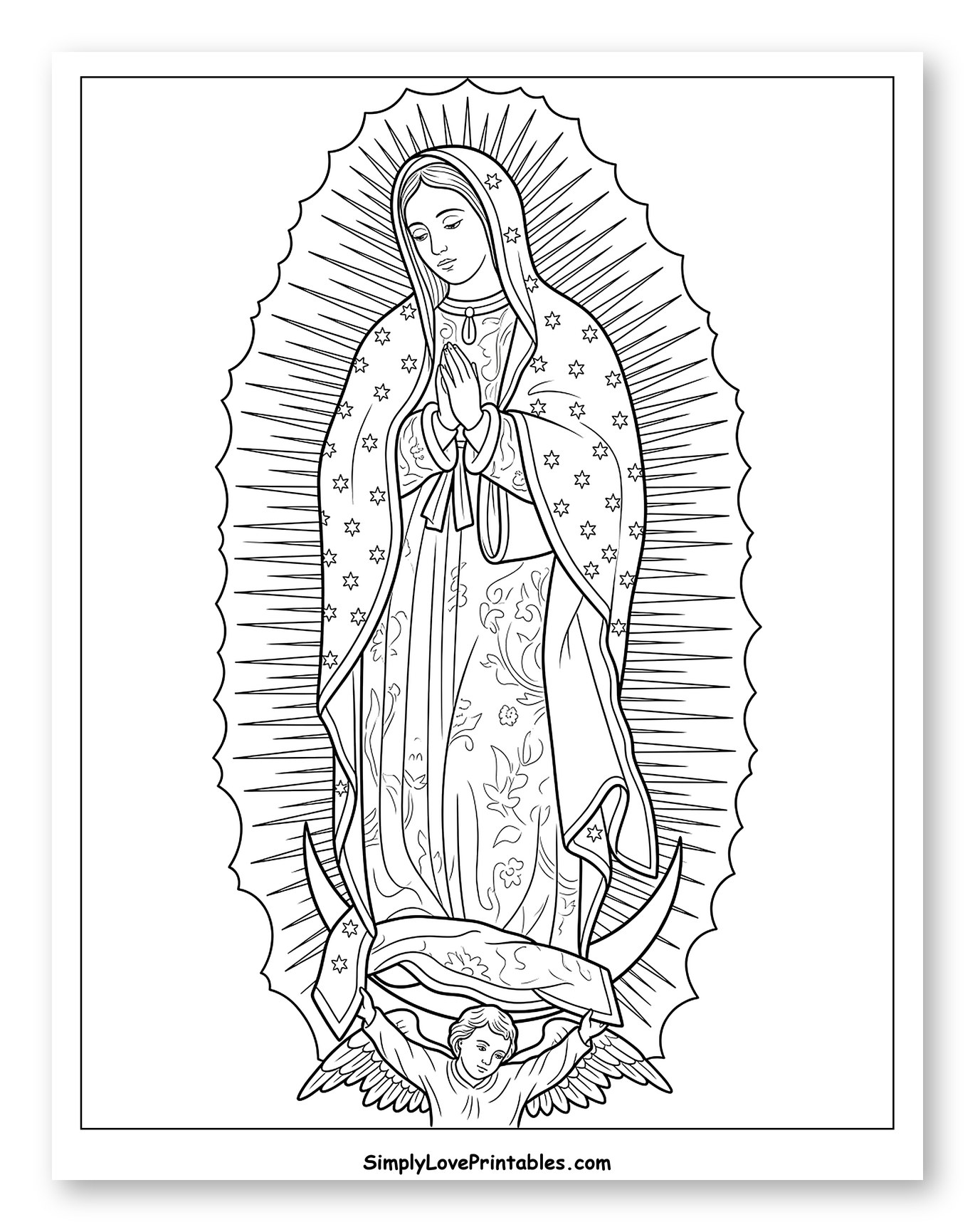 Our Lady of Guadalupe with Radiant Sun Rays Coloring Sheet