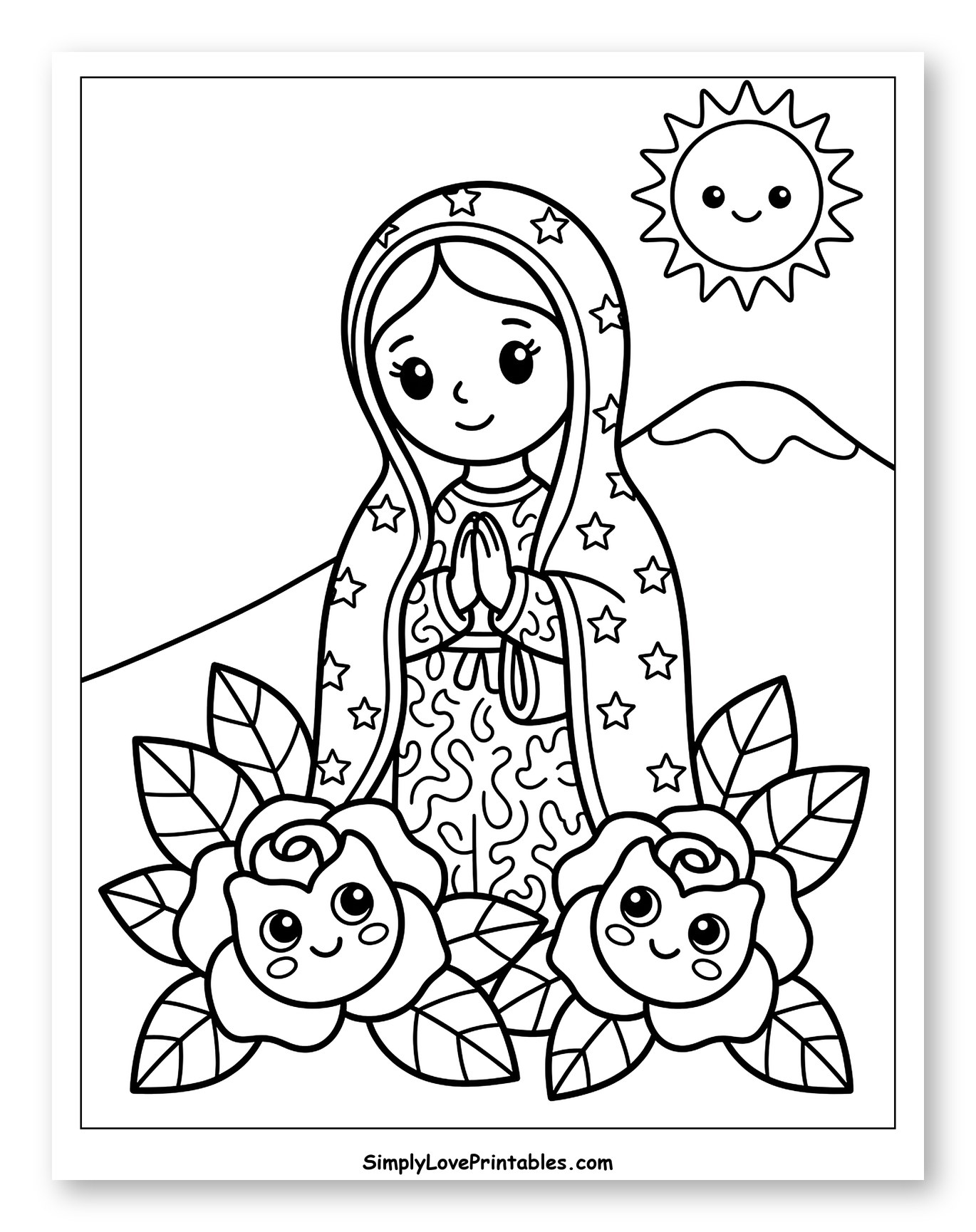 Our Lady of Guadalupe with Smiling Roses and Sun to Color for Kids