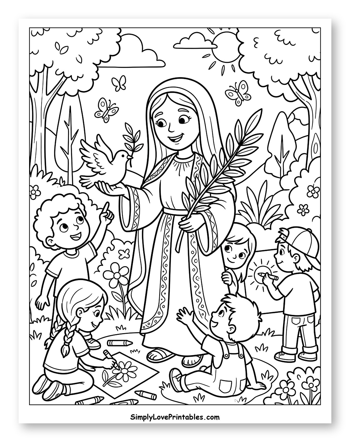 Our Lady with Children and Peace Dove to Color for Kids