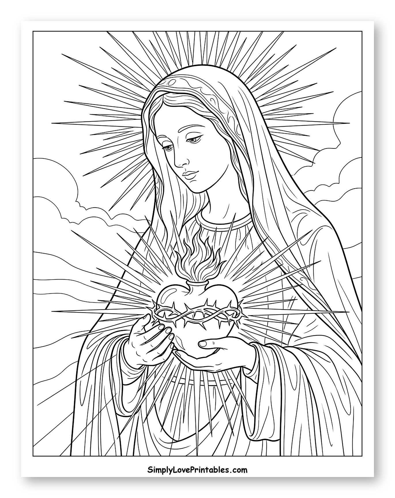Our Lady with the Immaculate Heart and Rays Coloring Page