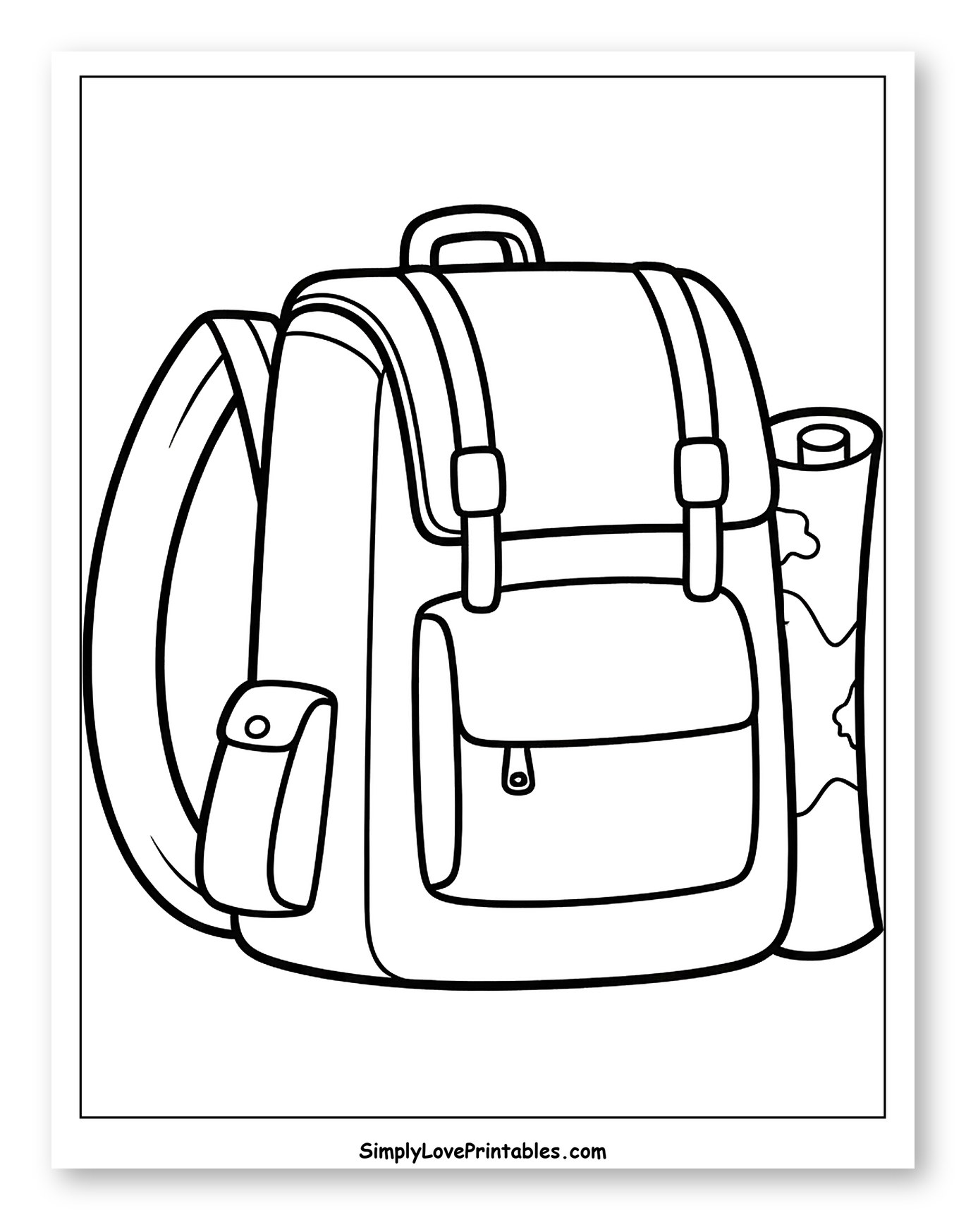 Outdoor Adventure Backpack and Rolled Map Coloring Sheet for Toddlers
