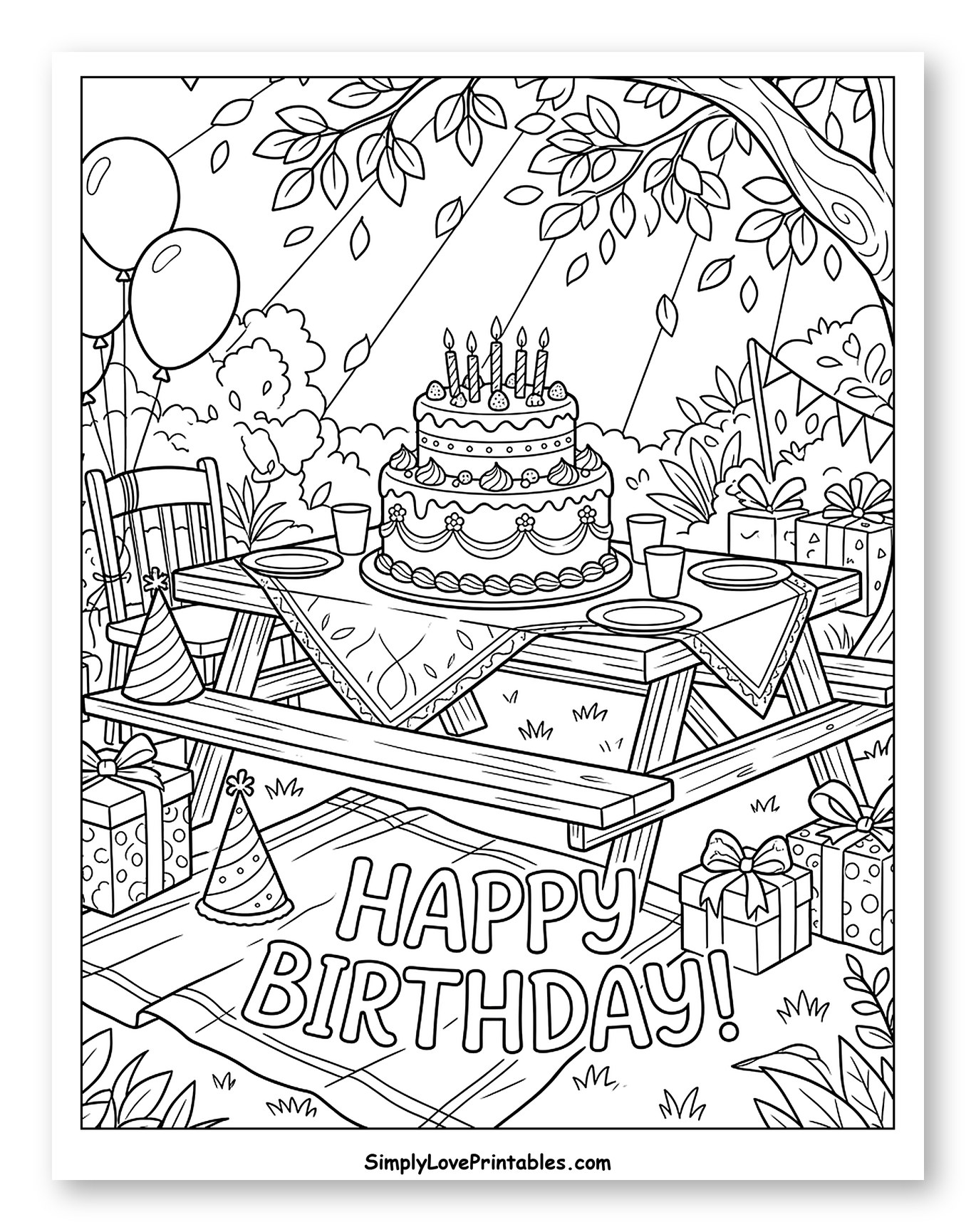 Outdoor Birthday Party with Cake and Presents Coloring Page