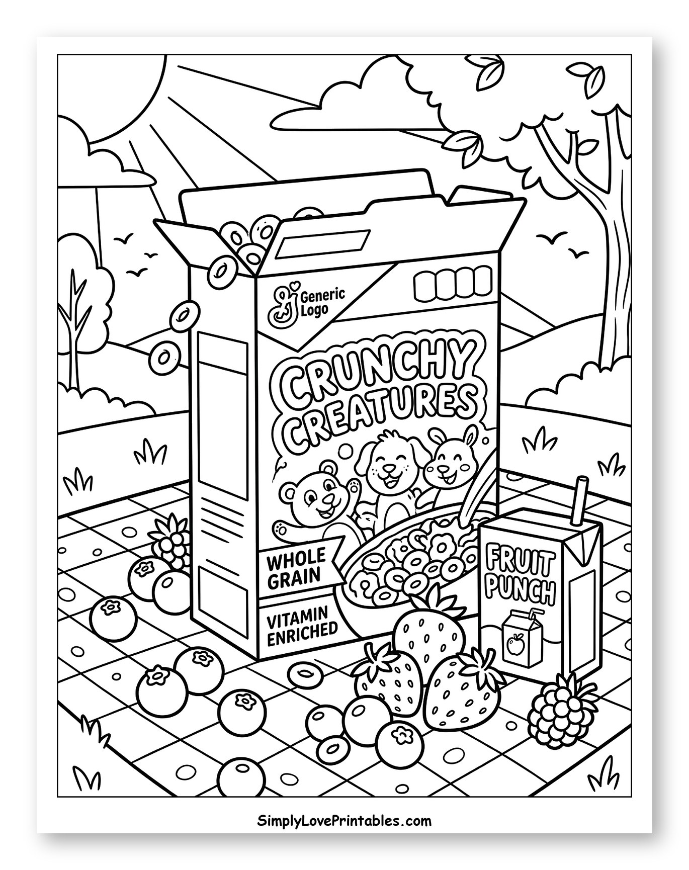 Outdoor Breakfast with Cereal and Fruit Coloring Sheet for Kids