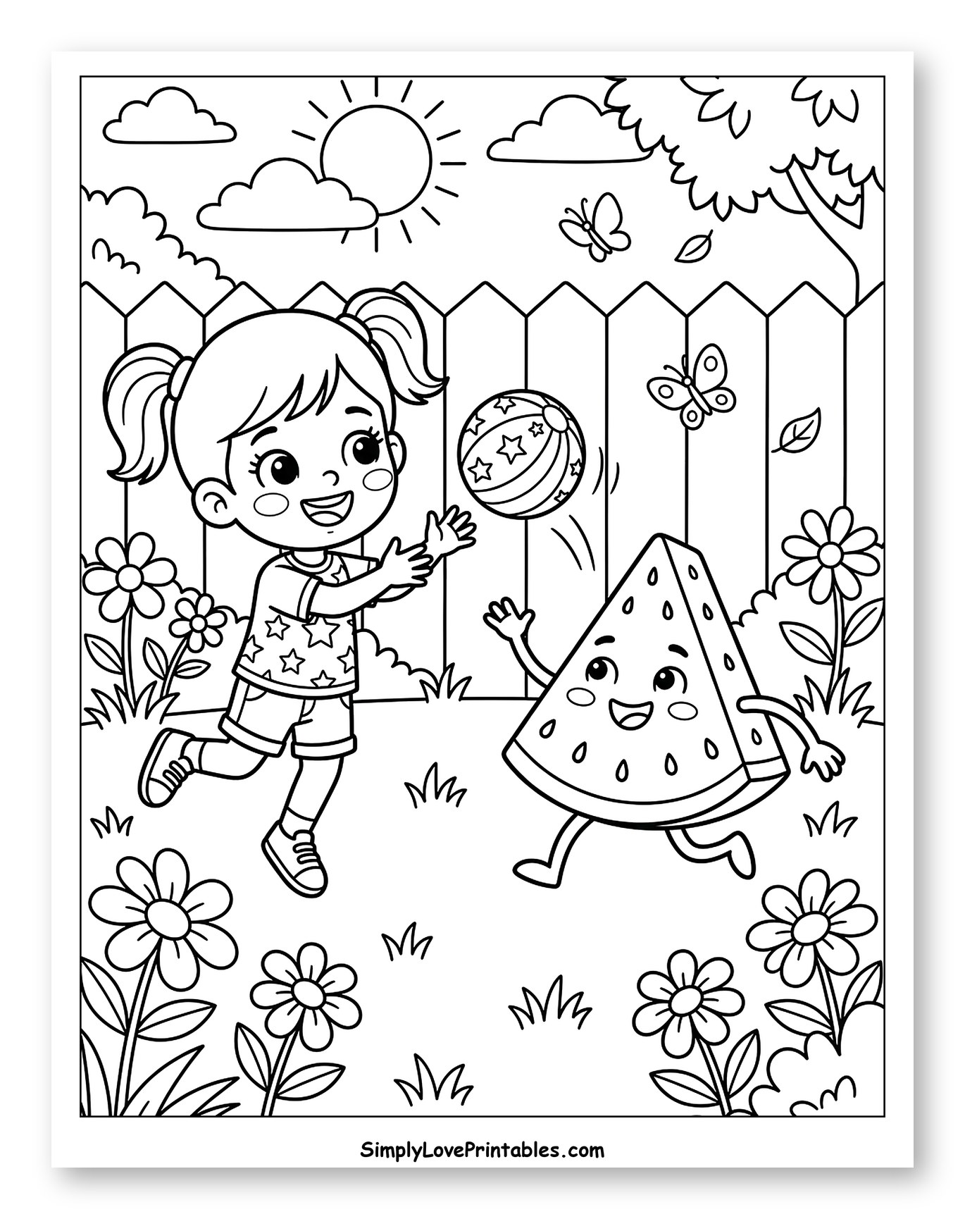 Outdoor Fun with a Girl and Watermelon Coloring Sheet for Kids