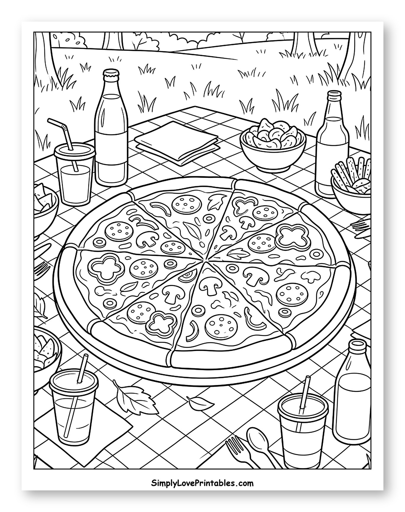 Outdoor Pizza Feast on a Checkered Blanket to Color