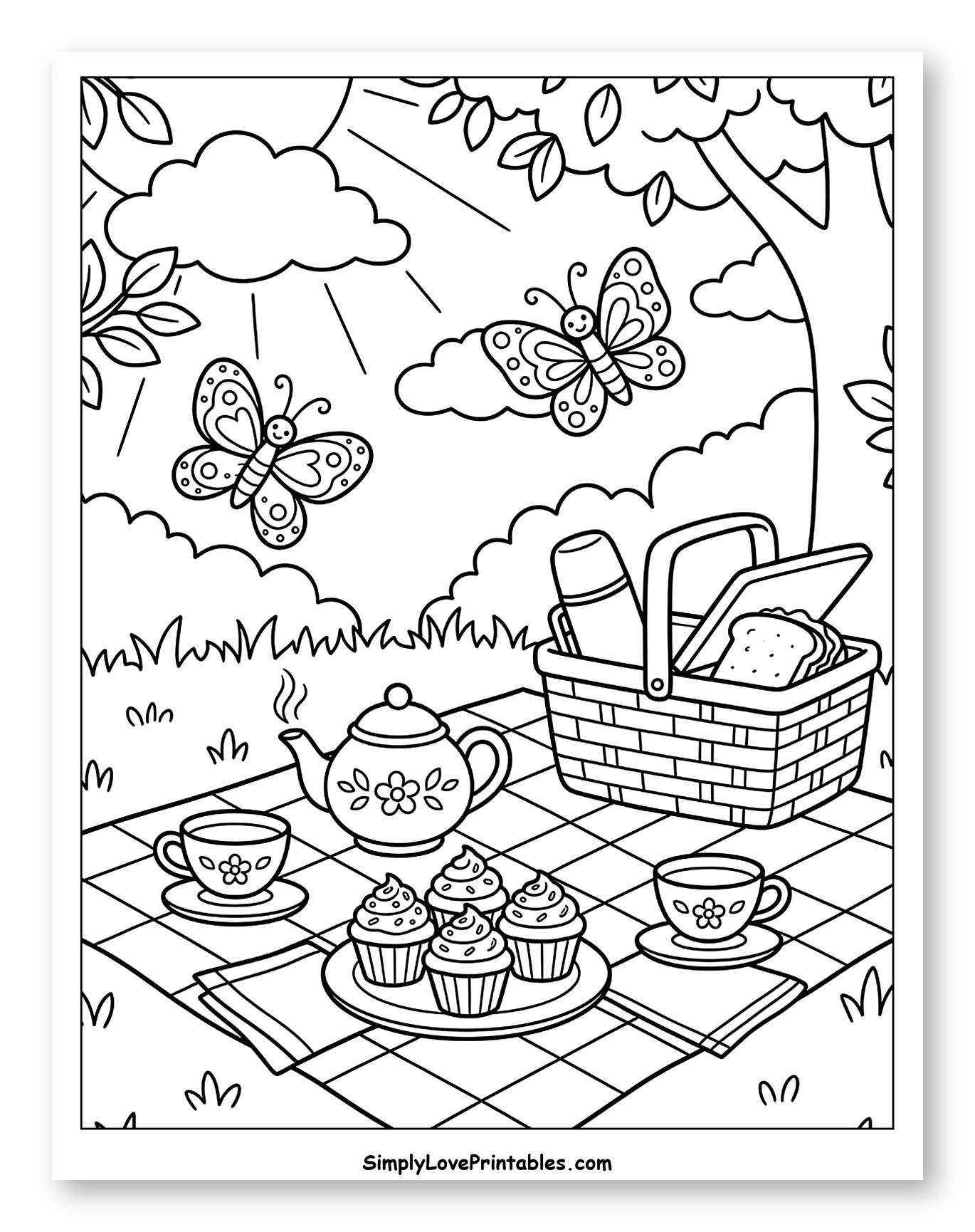 Outdoor Tea Party with Butterflies Coloring Sheet for Kids