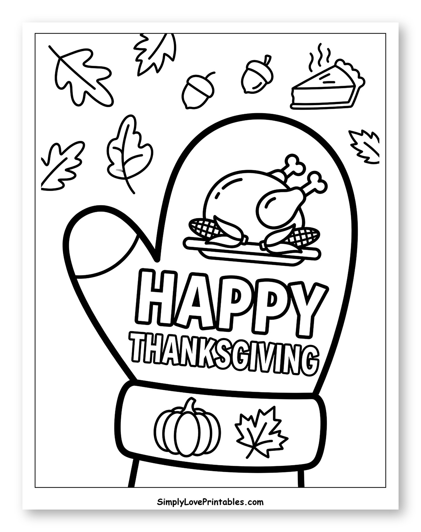 Oven Mitt with Roasted Turkey and Thanksgiving Items Coloring Sheet for Toddlers