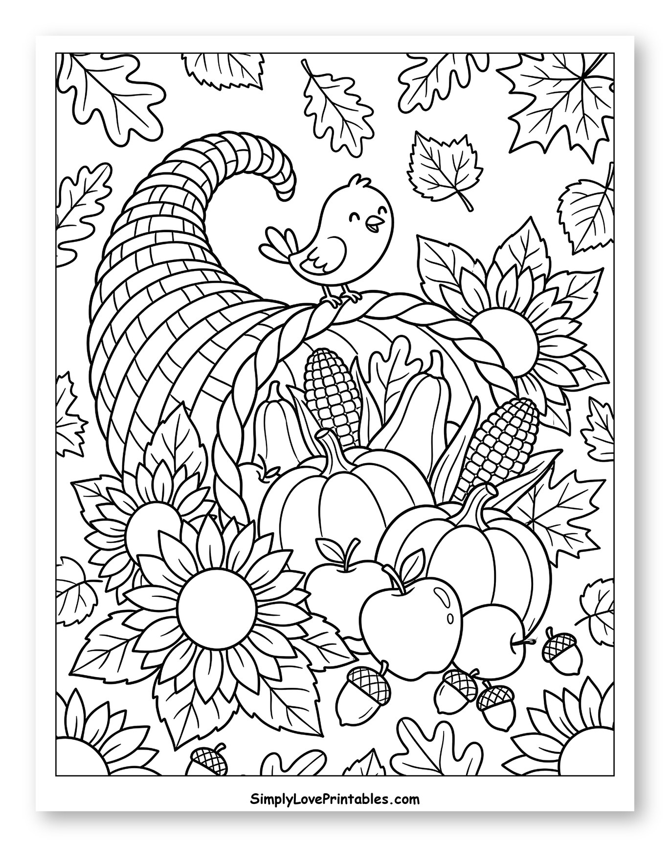 Overflowing Cornucopia with Bird and Produce Coloring Sheet for Kids