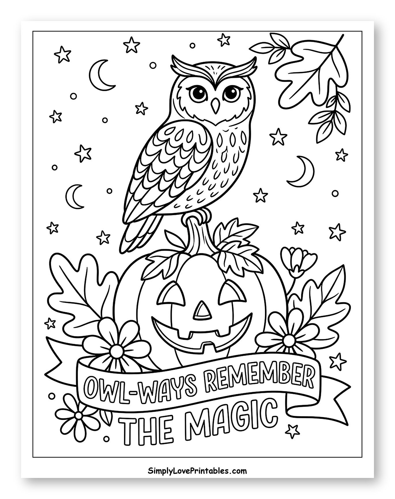 Owl and Pumpkin with "Remember the Magic" Banner Coloring Page for Adults